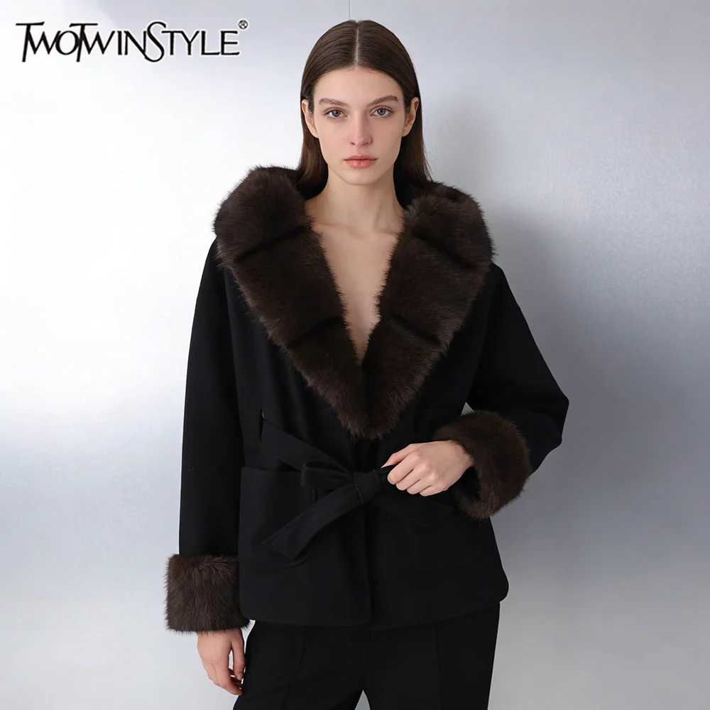 TWOTWINSTYLE Slimming Spliced Fur Collar Basics Jackets for Women Hooded Collar Long Sleeves Patchwork Lace Up Jacket Female New
TWOTWINSTYLE Slimming Spliced Fur Collar Basics Jackets for Women Hooded Collar Long Sleeves Patchwork Lace Up Jacket Female New