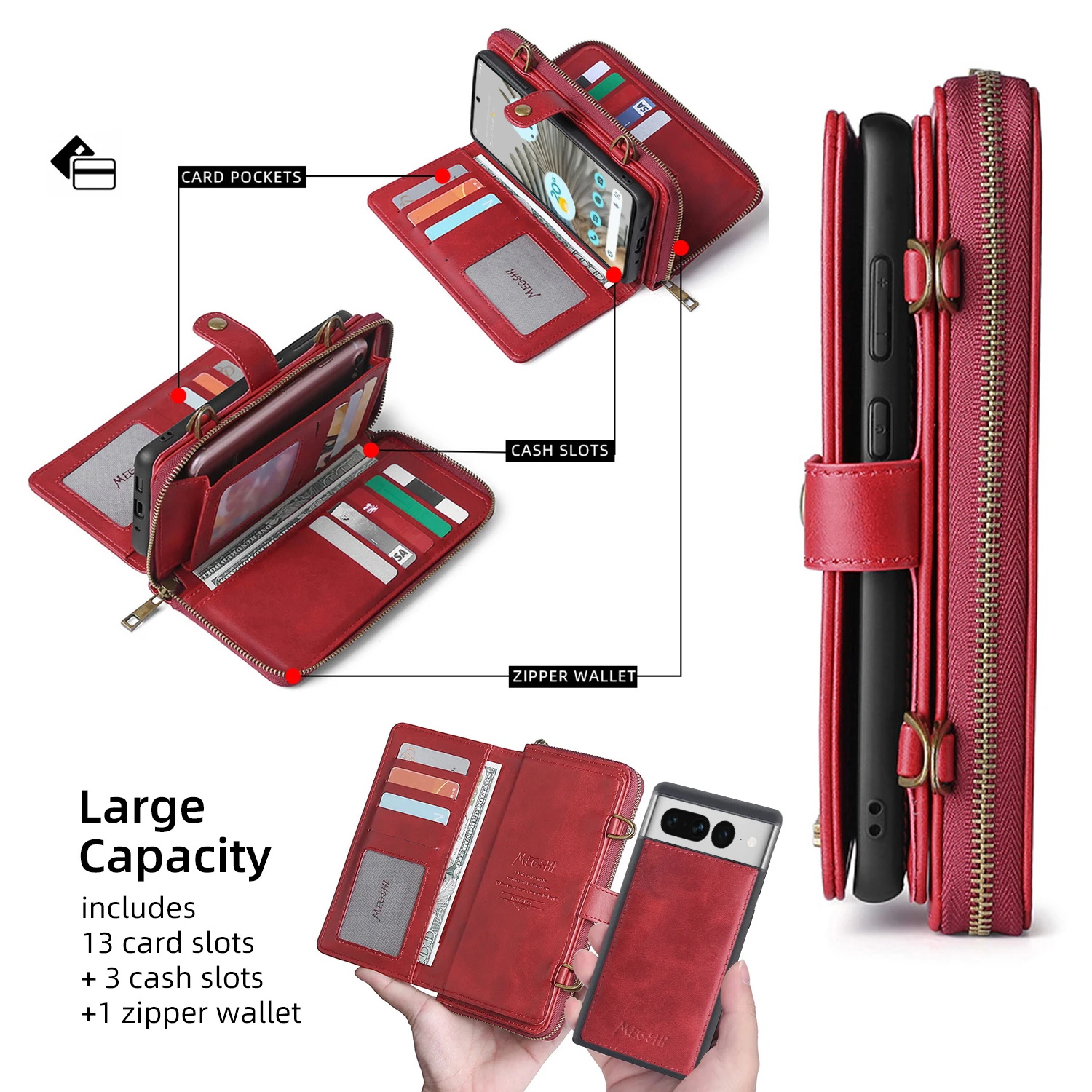 Yidai-Silu Flip Wallet Case Zipper Detachable Magnetic Shoulder Strap Stand Card Holder PU Cover for Google Pixel 7 6 Pro
Yidai-Silu Flip Wallet Case Zipper Detachable Magnetic Shoulder Strap Stand Card Holder PU Cover for Google Pixel 7 6 Pro