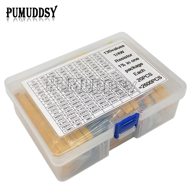 2600PCS/lot 130 Values 1/4W 0.25W 1% Metal Film Resistors Assorted Pack Kit Set Lot Resistors Assortment Kits Fixed resistor
2600PCS/lot 130 Values 1/4W 0.25W 1% Metal Film Resistors Assorted Pack Kit Set Lot Resistors Assortment Kits Fixed resistor