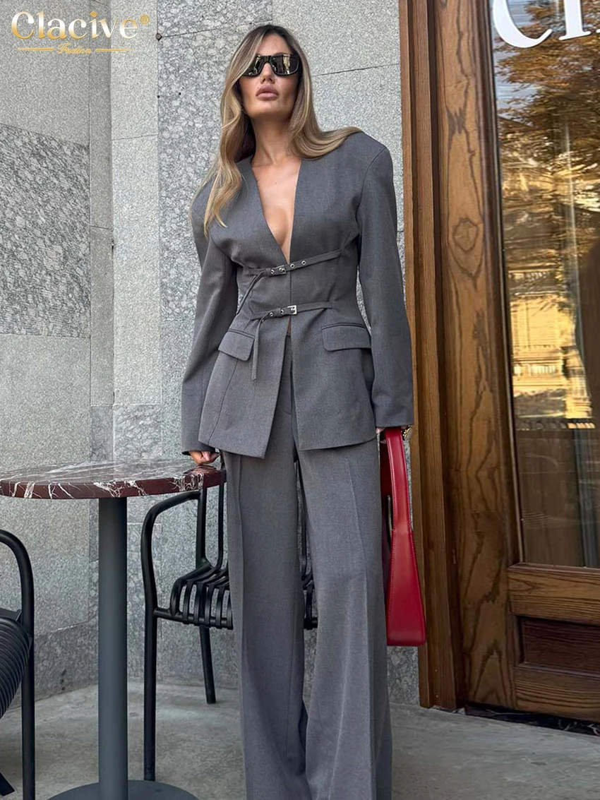 Clacive Fashion Loose Gray Office 2 Pieces Set For Woman 2025 Winter Long Sleeve Blazer With High Waist Wide Pants Set Female 
Clacive Fashion Loose Gray Office 2 Pieces Set For Woman 2025 Winter Long Sleeve Blazer With High Waist Wide Pants Set Female