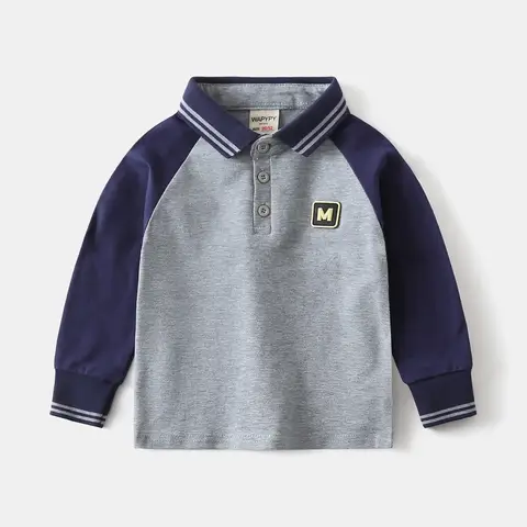 2026 Spring 2T-6T Childrens Clothes Boys Long-sleeved Polo Shirt Collared Leather Label T-shirt with Navy Plaid Sleeves