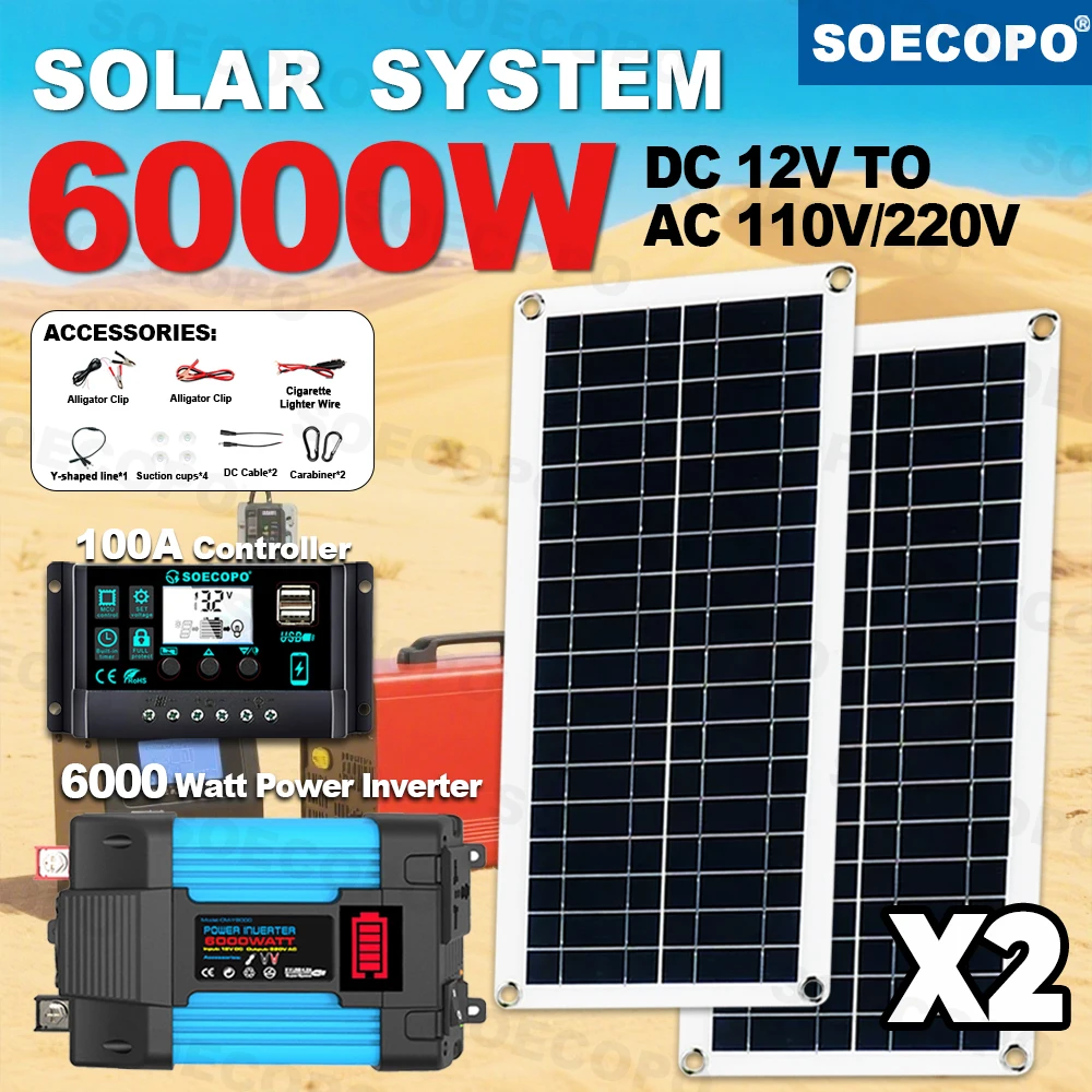 SOECOPO 6000W Solar Power System Kit 200W X 2 Solar Panels DC to AC Inverter 100A Controller Full Set for Home And Camping Use
SOECOPO 6000W Solar Power System Kit 200W X 2 Solar Panels DC to AC Inverter 100A Controller Full Set for Home And Camping Use