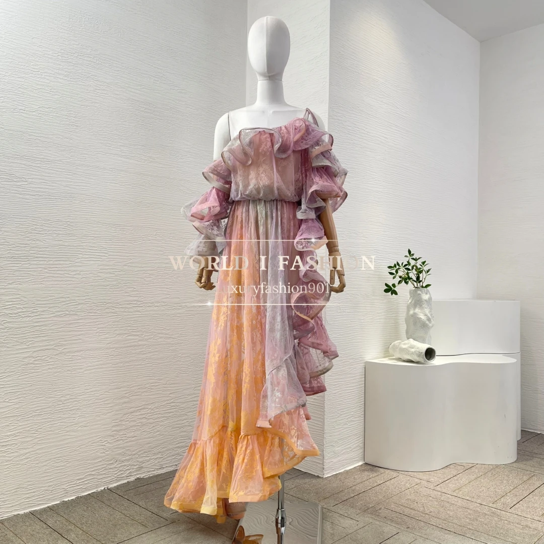 Ruffles Pleats Design Spring Summer 2025 High Quality Lace Patchwork Gradient Color Vintage Women Irregular Hem Maxi Dress
Ruffles Pleats Design Spring Summer 2025 High Quality Lace Patchwork Gradient Color Vintage Women Irregular Hem Maxi Dress