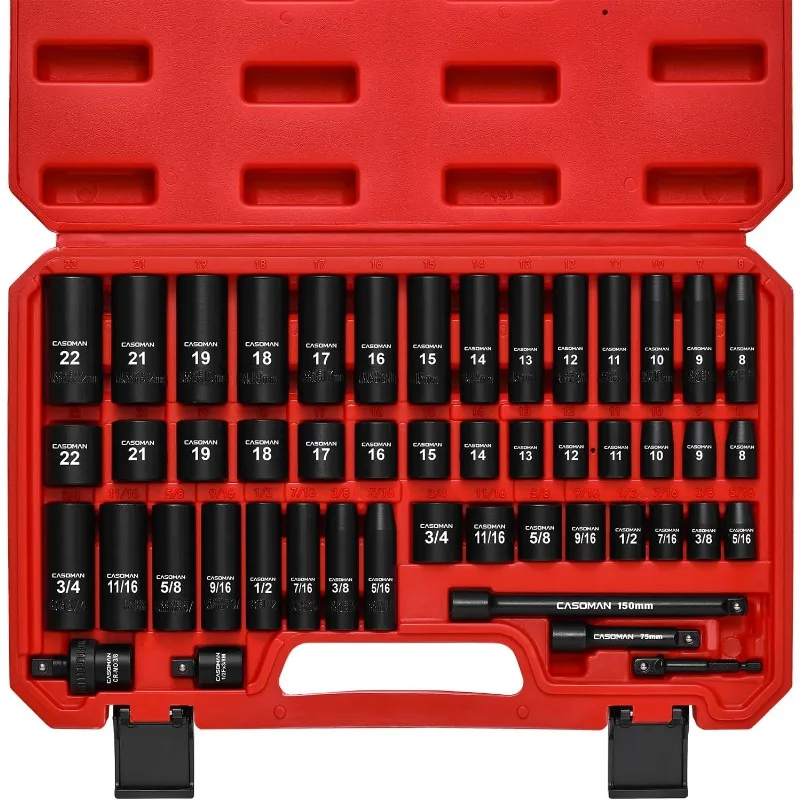 3/8" Drive Impact Socket Set, 49 Piece Standard SAE And Metric Sizes (5/16-Inch To 3/4-Inch And 8-22 Mm), 6 Point
3/8" Drive Impact Socket Set, 49 Piece Standard SAE And Metric Sizes (5/16-Inch To 3/4-Inch And 8-22 Mm), 6 Point