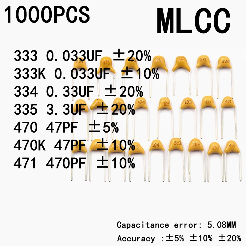1000PCS Monolithic Ceramic Capacitor 5% 10% 20% MLCC 333 0.033UF 333K 0.033UF 334 0.33UF 335 3.3UF 470 47PF 470K 47PF 471 470PF
1000PCS Monolithic Ceramic Capacitor 5% 10% 20% MLCC 333 0.033UF 333K 0.033UF 334 0.33UF 335 3.3UF 470 47PF 470K 47PF 471 470PF