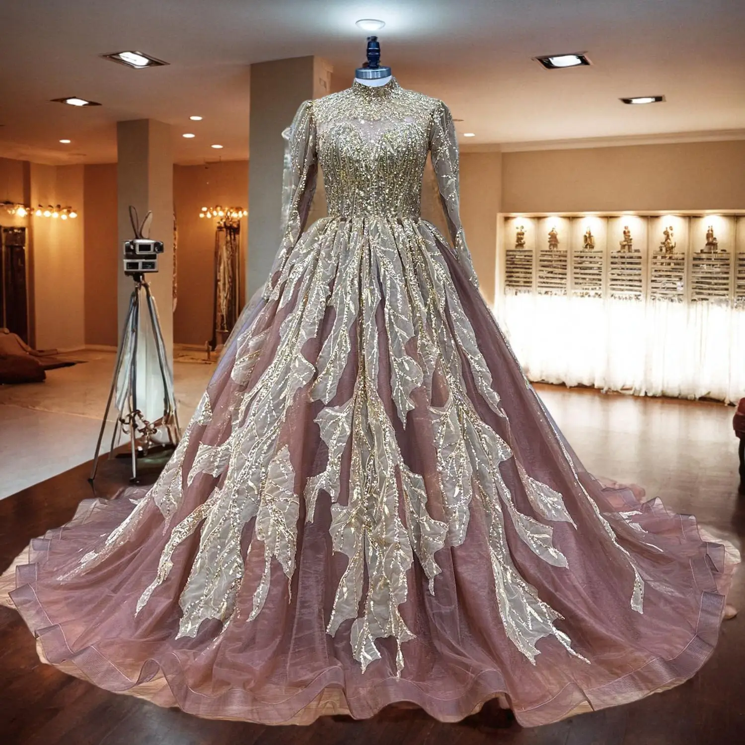 Hire Lnyer High Neck Open Back Long Sleeve Gold Beads Lace Brown Quinceanera Dresses Can Be Process In Any Color
Hire Lnyer High Neck Open Back Long Sleeve Gold Beads Lace Brown Quinceanera Dresses Can Be Process In Any Color