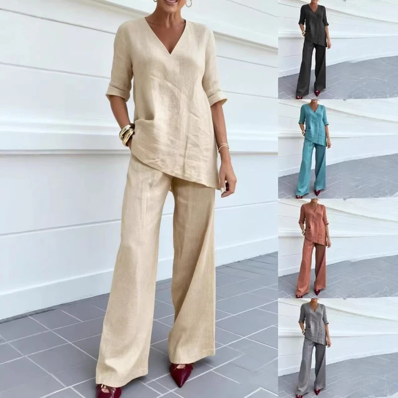European American Cross-border Autumn Women Clothing New Casual Cotton Linen Solid Color Medium-sleeved V-neck Top Straight Rest
European American Cross-border Autumn Women Clothing New Casual Cotton Linen Solid Color Medium-sleeved V-neck Top Straight Rest