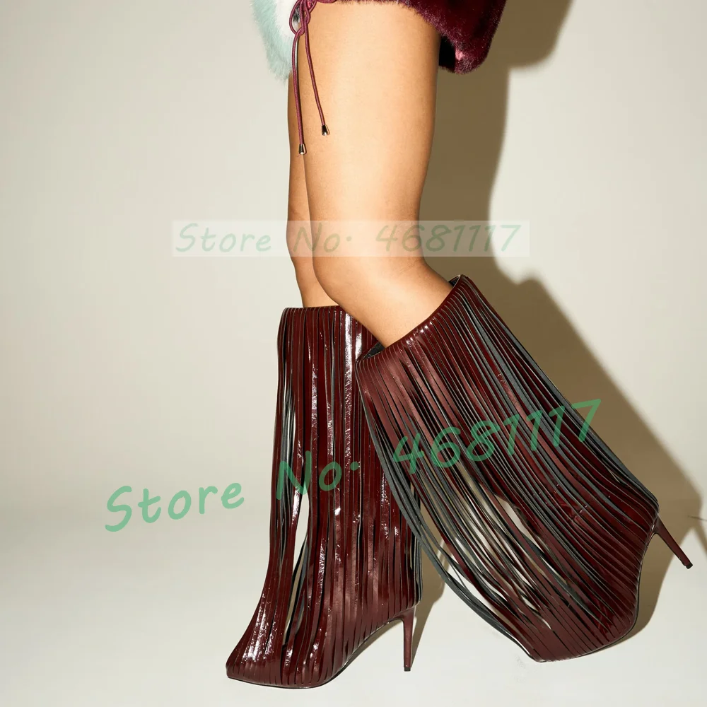 Burgundy Tassel Stiletto Cage-like Boots Women High-gloss Upper Knee High Cutout Boots Ladies Fringe Pointed Toe Heels Shoes
Burgundy Tassel Stiletto Cage-like Boots Women High-gloss Upper Knee High Cutout Boots Ladies Fringe Pointed Toe Heels Shoes