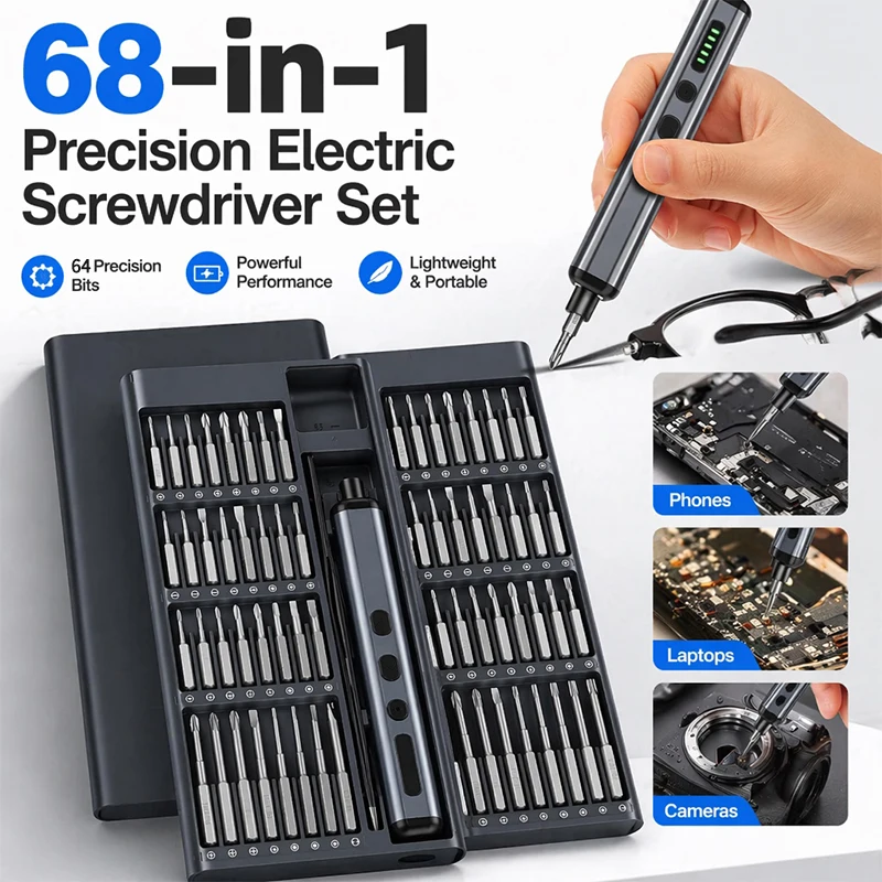 68-in-1 Rechargeable Precision Electric Screwdriver Set 5 Torque & Magnetic Bits for iPhone PC Watch Camera Glasses Repair Kit
68-in-1 Rechargeable Precision Electric Screwdriver Set 5 Torque & Magnetic Bits for iPhone PC Watch Camera Glasses Repair Kit
