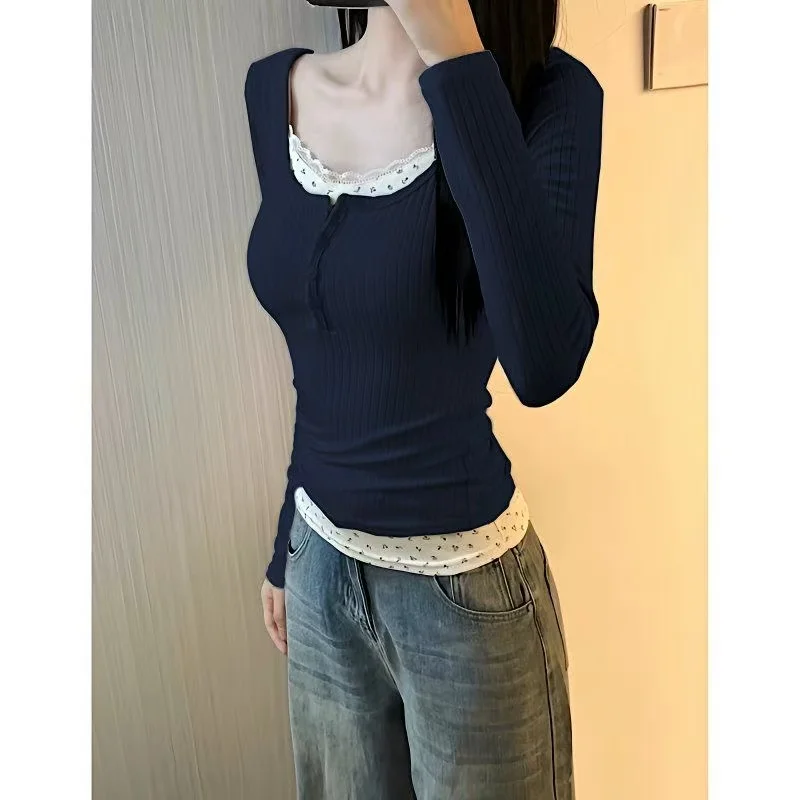 T-shirt Slim Long Sleeve Bottoming Crop Top Fake Two Pieces Sweet Flower Print Women Patchwork Lace Tees Y2k Aesthetic Fashion
T-shirt Slim Long Sleeve Bottoming Crop Top Fake Two Pieces Sweet Flower Print Women Patchwork Lace Tees Y2k Aesthetic Fashion
