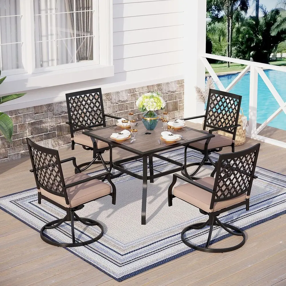 5-Piece Outdoor Patio Dining Set with 4 Swivel Chairs and 37 Metal Umbrella Table
5-Piece Outdoor Patio Dining Set with 4 Swivel Chairs and 37 Metal Umbrella Table
