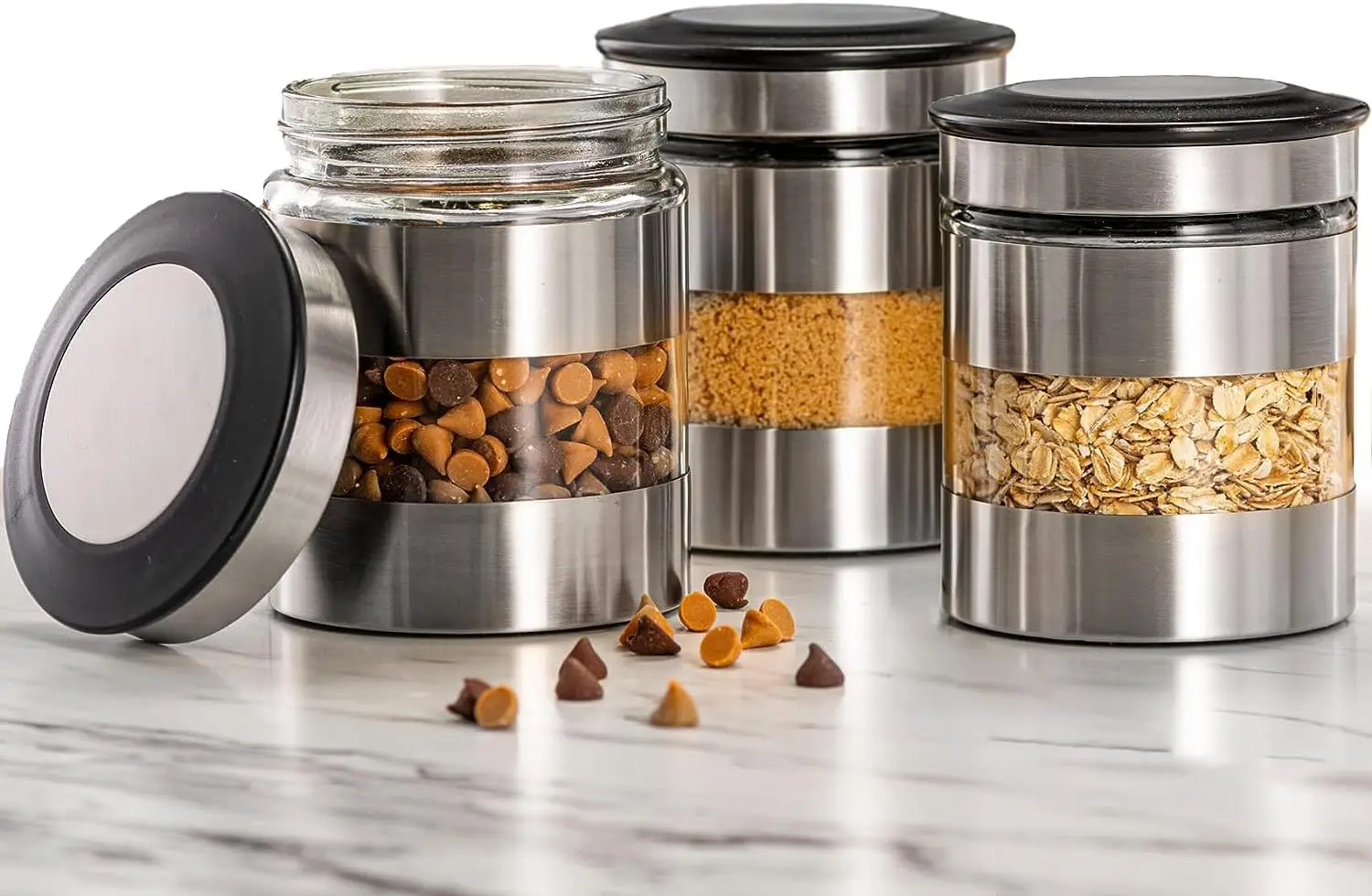 Герметичный контейнер для хранения продуктов из 3 штук с окошком для муки, чая, сахара, кофе, конфет — канистра на кухонной столешнице
Герметичный контейнер для хранения продуктов из 3 штук с окошком для муки, чая, сахара, кофе, конфет — канистра на кухонной столешнице