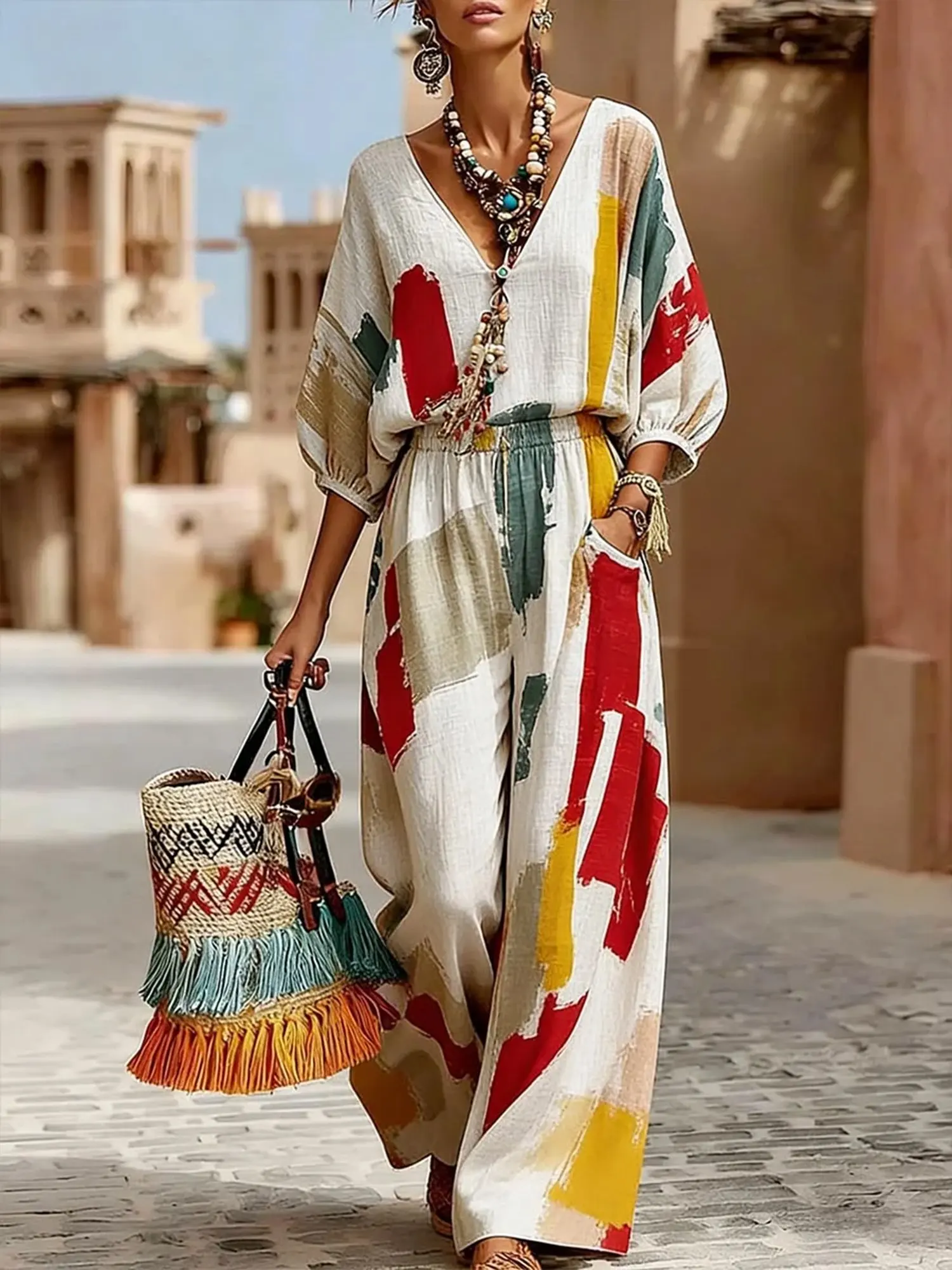 Women's Trendy Abstract Printing 2 Pieces Sets Puff Sleeves V-Neck Blouses with Wide-leg Pants Casual Vacation Linen-cotton Suit
Women's Trendy Abstract Printing 2 Pieces Sets Puff Sleeves V-Neck Blouses with Wide-leg Pants Casual Vacation Linen-cotton Suit