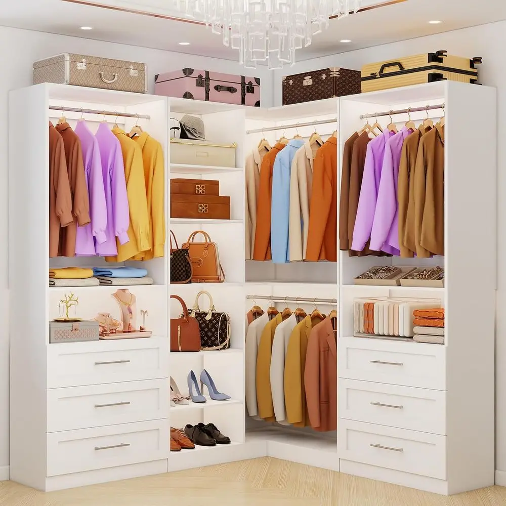L-Shaped Walk-In Closet System with 6 Drawers, 8 Shelves, and 7 Hanging Rods - White, 2100+ Lbs Capacity
L-Shaped Walk-In Closet System with 6 Drawers, 8 Shelves, and 7 Hanging Rods - White, 2100+ Lbs Capacity
