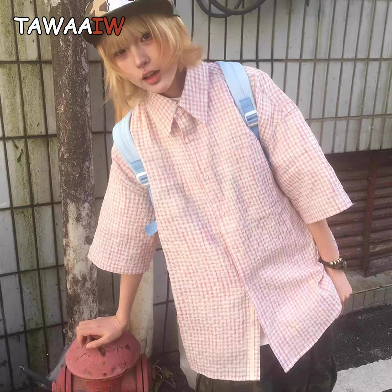 Tawaaiw Pink Turn-down Collar Plaid Shirt Women Clothes Short Sleeve Korean Fashion Loose Hotsweet Summer Tops Ladies Blouse Y2k
Tawaaiw Pink Turn-down Collar Plaid Shirt Women Clothes Short Sleeve Korean Fashion Loose Hotsweet Summer Tops Ladies Blouse Y2k