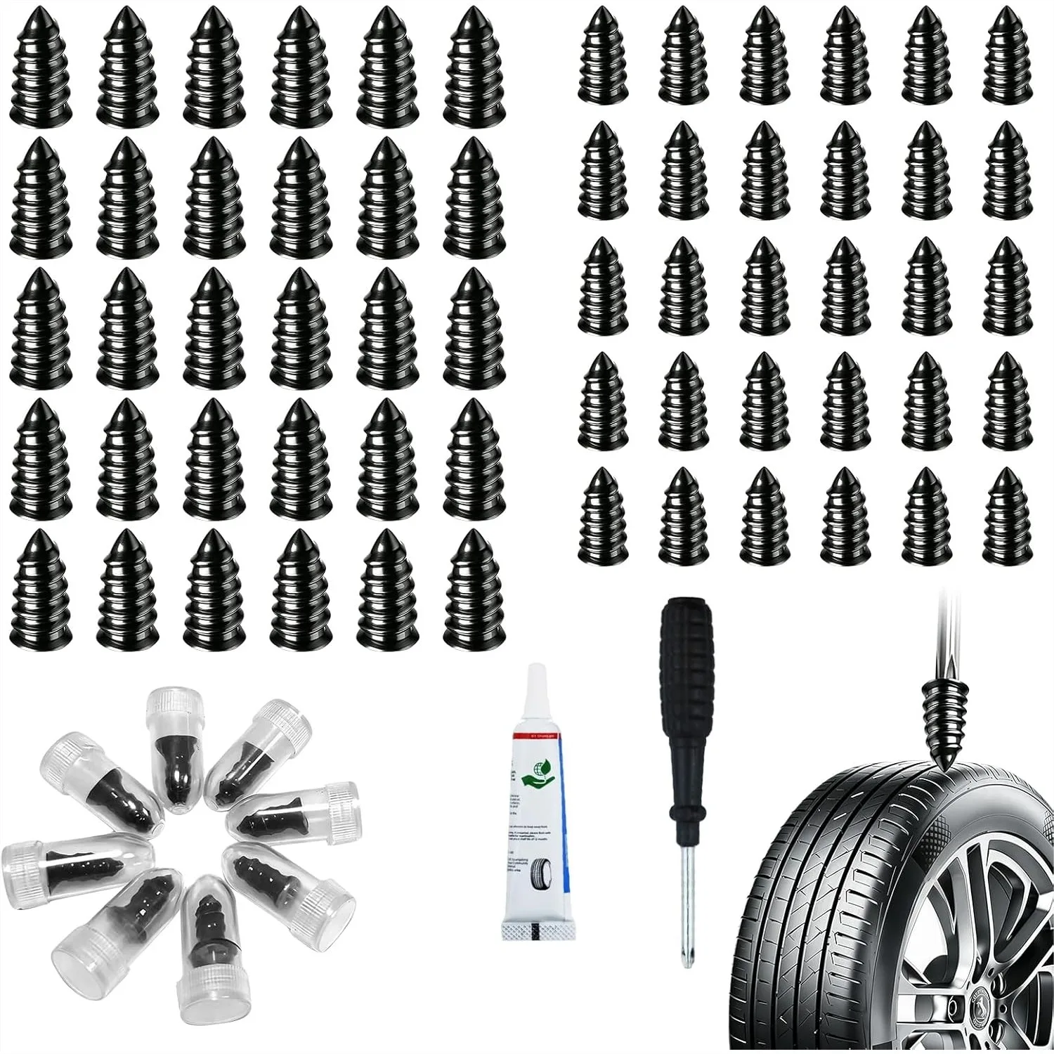 60pcs Tire Plug Kit with Self-Tapping Rubber Screws, Heavy Duty Tubeless Tire Repair for Car Motorcycle SUV ATV Truck, Quick
60pcs Tire Plug Kit with Self-Tapping Rubber Screws, Heavy Duty Tubeless Tire Repair for Car Motorcycle SUV ATV Truck, Quick