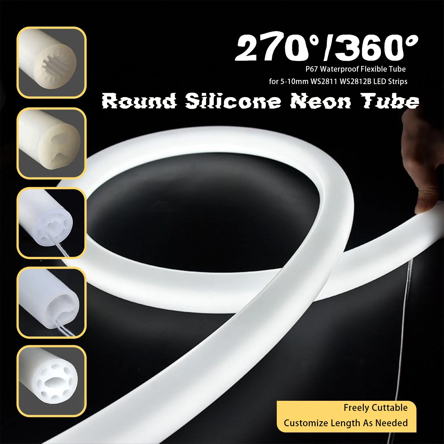 270°/360° Round Silicone Neon Tube, IP67 Waterproof for 5/8/10mm WS2811 WS2812B LED Strips
270°/360° Round Silicone Neon Tube, IP67 Waterproof for 5/8/10mm WS2811 WS2812B LED Strips
