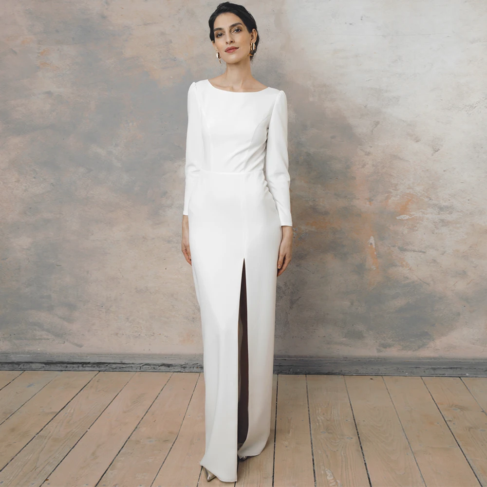 Minimalist Scoop Collar Sheath Wedding Dress with Side Slit Women Jersey Open Back Long Sleeves Customized Bridal Gowns 2026
Minimalist Scoop Collar Sheath Wedding Dress with Side Slit Women Jersey Open Back Long Sleeves Customized Bridal Gowns 2026