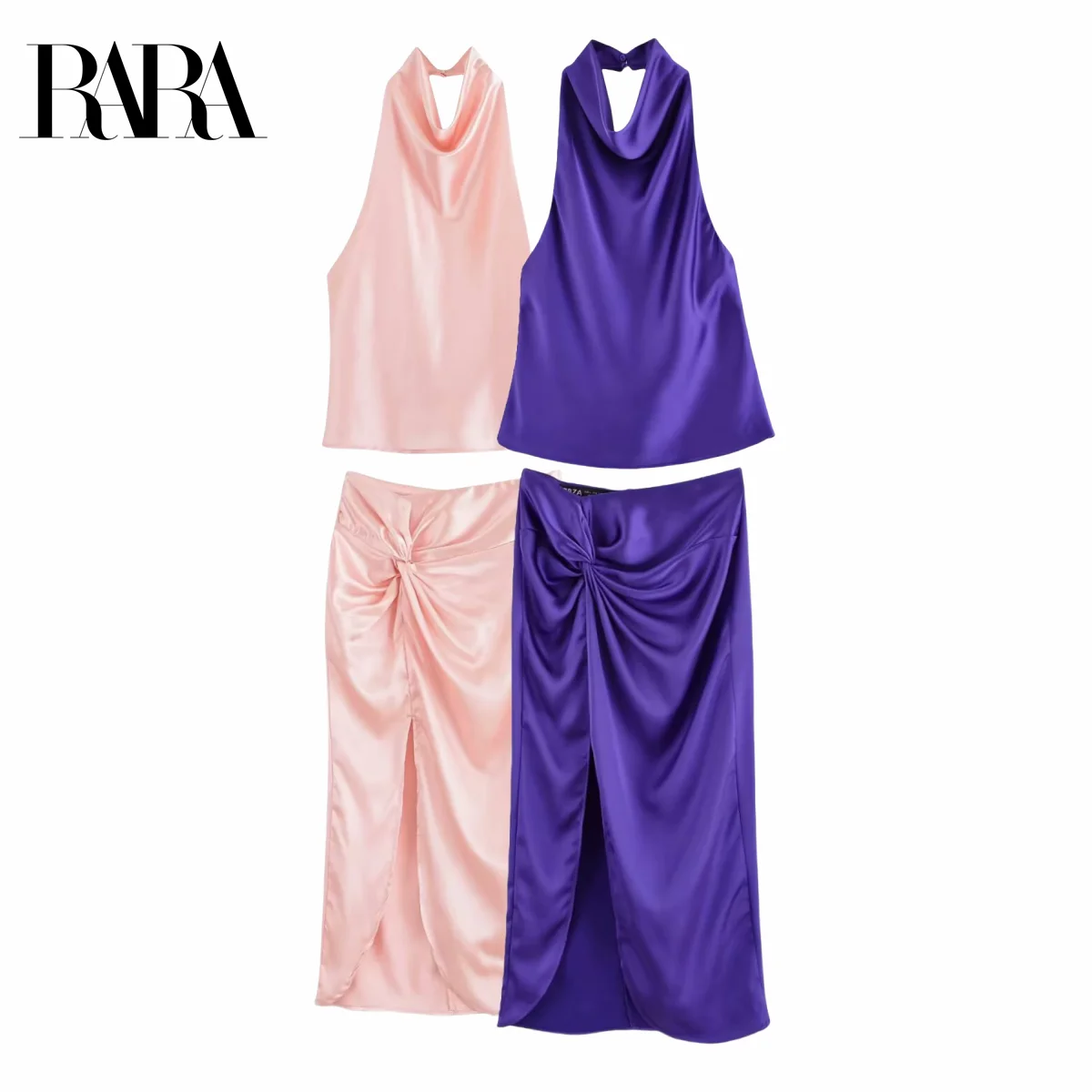 RARA Women's Set with Satin - feel Sleeveless Halter - neck Vest Top and Knot decoration Split - adorned Midi Skirt Elegant
RARA Women's Set with Satin - feel Sleeveless Halter - neck Vest Top and Knot decoration Split - adorned Midi Skirt Elegant