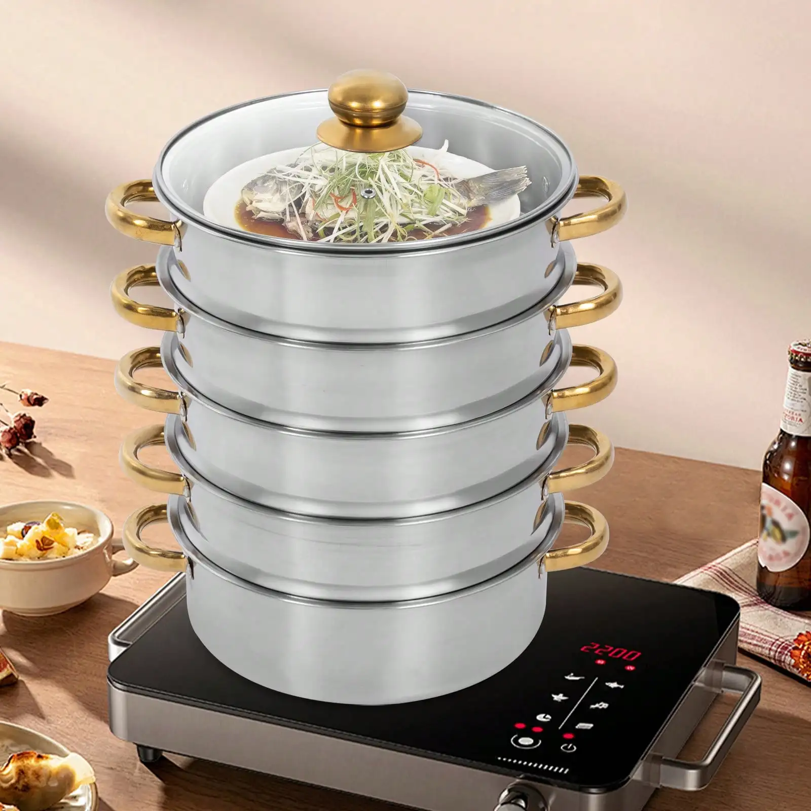 Set Of Freestanding Stainless Steel Silver 5-Tier Steam Cooker With 4 Steam Cooker Basket And 1 Lid, Stainless Steel Steam Cooke
Set Of Freestanding Stainless Steel Silver 5-Tier Steam Cooker With 4 Steam Cooker Basket And 1 Lid, Stainless Steel Steam Cooke