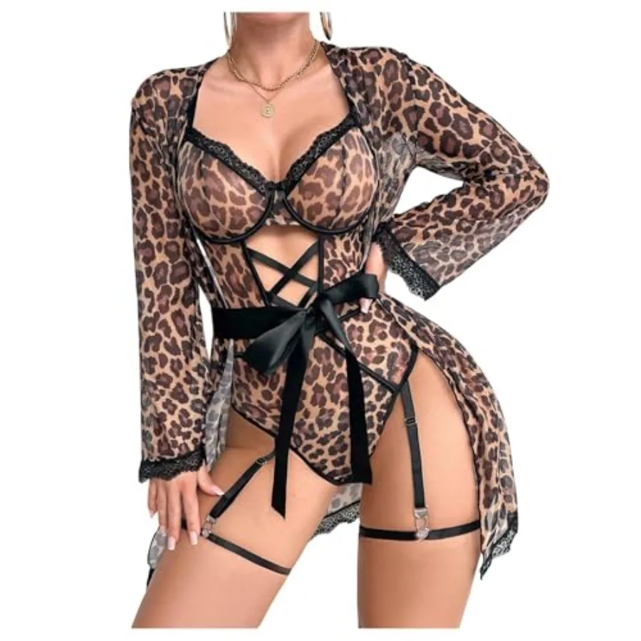 OYOANGLE Women's 5 Pcs Leopard Print Robe Lingerie Set Sexy Lace Trim Bodysuit with Belt Garter
OYOANGLE Women's 5 Pcs Leopard Print Robe Lingerie Set Sexy Lace Trim Bodysuit with Belt Garter