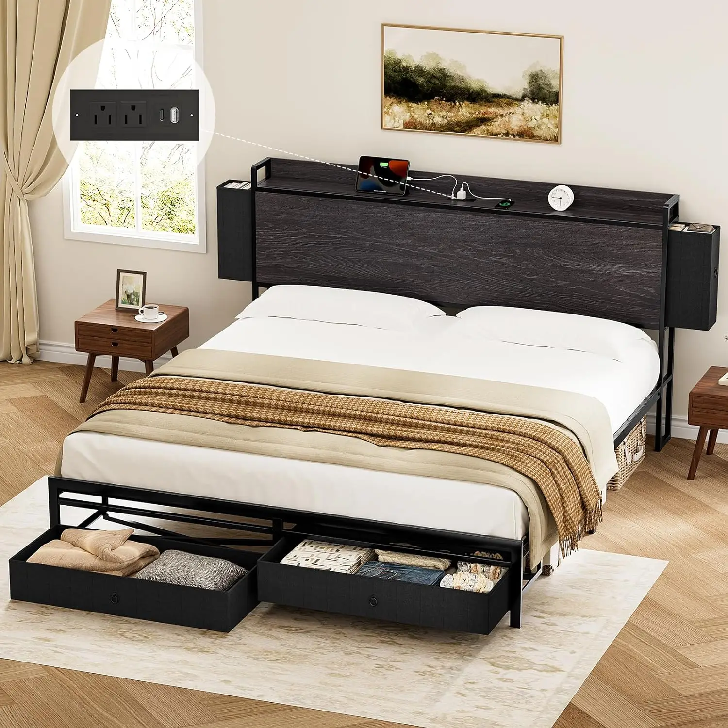 King Bed Frame With Storage Headboard Bed Frame King Size With 4 Storage Drawers Metal Heavy Duty Platform Built In Charging
King Bed Frame With Storage Headboard Bed Frame King Size With 4 Storage Drawers Metal Heavy Duty Platform Built In Charging