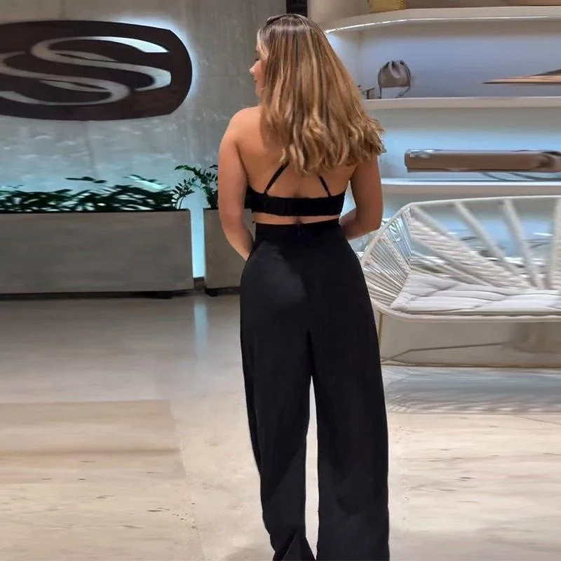 2025 New Sexy Black Two-Piece Set Women's Fashion Wide Leg Pants Strap Vacation Style Cross-Border Clothing Set for Women
2025 New Sexy Black Two-Piece Set Women's Fashion Wide Leg Pants Strap Vacation Style Cross-Border Clothing Set for Women