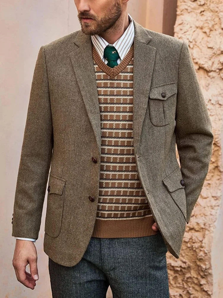  Осень/зима, мужской пиджак с узором «елочка», винтажный британский твидовый пиджак с несколькими карманами, приталенный крой, настраиваемый
Осень/зима, мужской пиджак с узором «елочка», винтажный британский твидовый пиджак с несколькими карманами, приталенный крой, настраиваемый