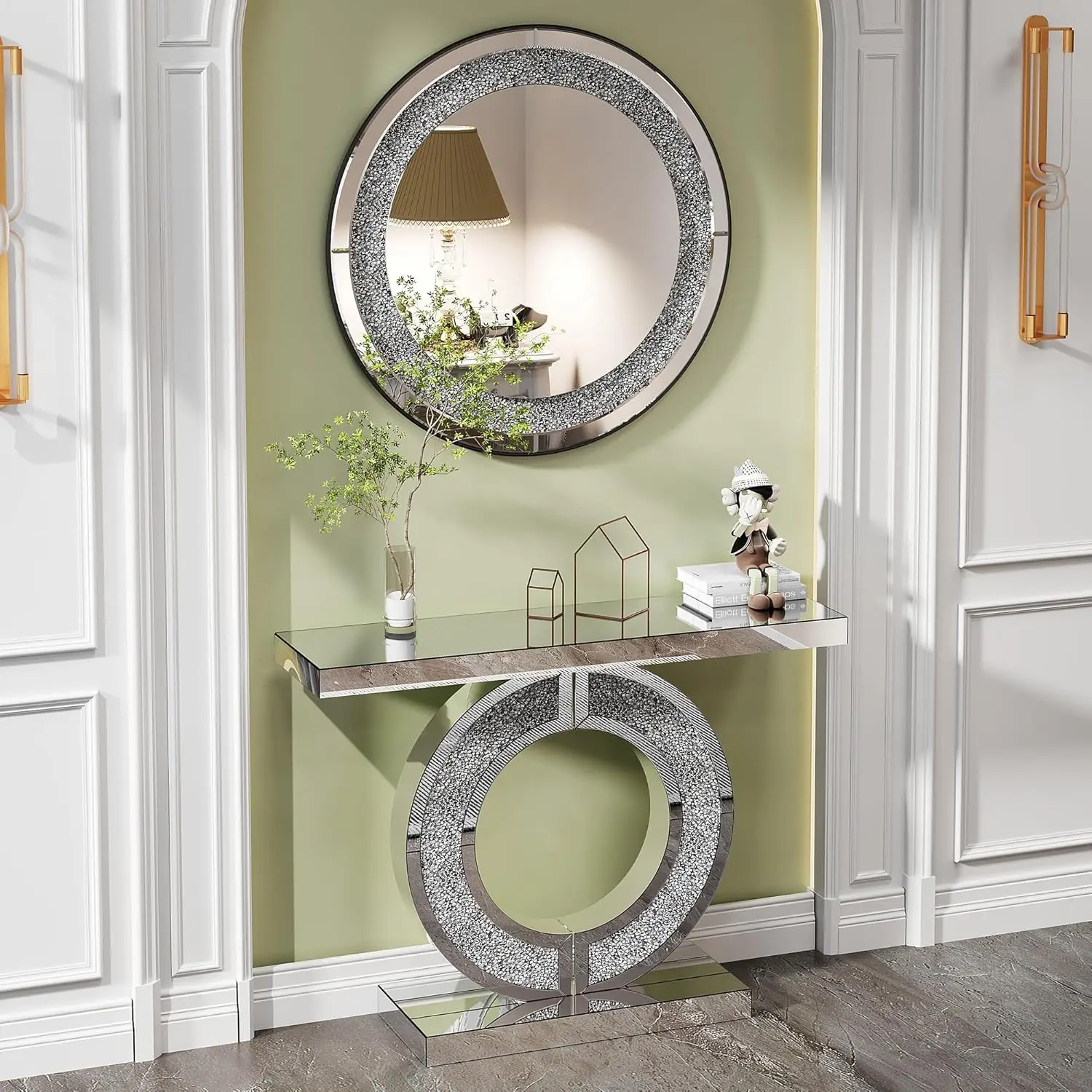 Silver Mirrored Console Table & Round Wall Mirror Set 2 Piece 42.9in Entryway Hallway, Customized
Silver Mirrored Console Table & Round Wall Mirror Set 2 Piece 42.9in Entryway Hallway, Customized