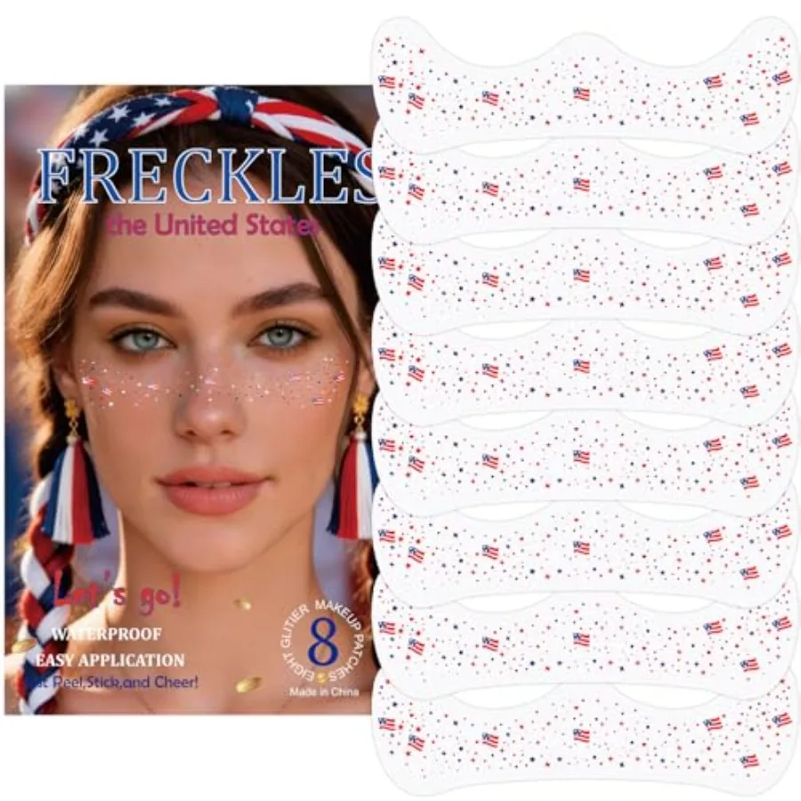 8PCS 4th of July Glitter Freckles Face Tattoo, Waterproof Temporary Tattoos Glow Up Sparkle Freckles Makeup Patches for Preside
8PCS 4th of July Glitter Freckles Face Tattoo, Waterproof Temporary Tattoos Glow Up Sparkle Freckles Makeup Patches for Preside
