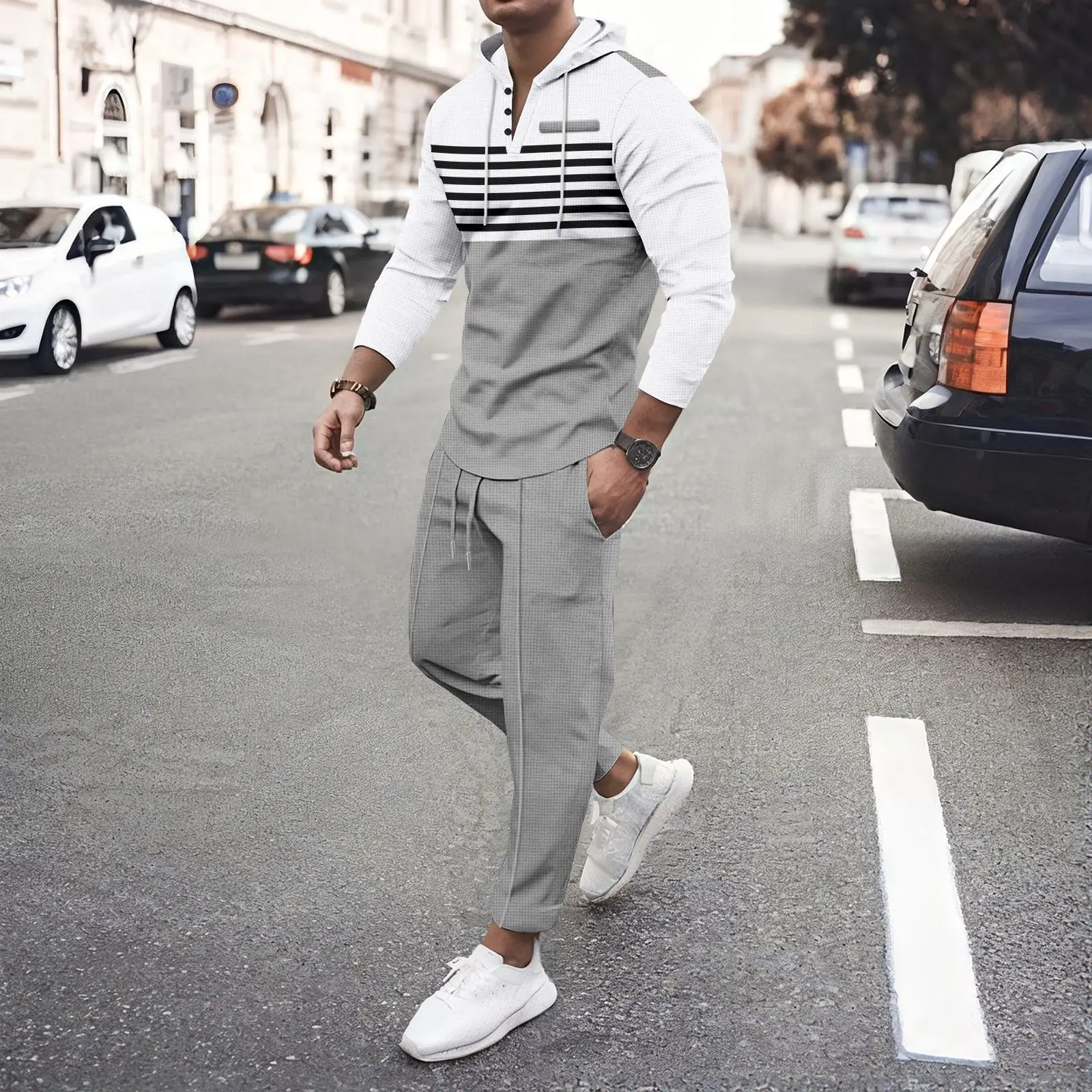 New men's casual suit outdoor Amazon cross-border waffle European and American hooded striped long-sleeved trousers suit
New men's casual suit outdoor Amazon cross-border waffle European and American hooded striped long-sleeved trousers suit