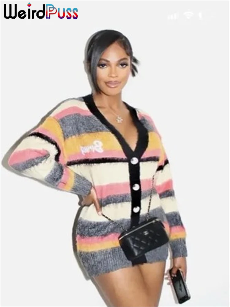 Weird Puss Knitted Colorful Stripe Jacket Women Cardigan V-Neck Single-Breasted Full Sleeve Autumn Trend Stretch Streetwear Coat
Weird Puss Knitted Colorful Stripe Jacket Women Cardigan V-Neck Single-Breasted Full Sleeve Autumn Trend Stretch Streetwear Coat