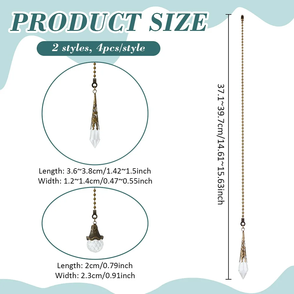 8Pcs 2 Styles Glass Charms Ceiling Fan Pull Chain Extenders with Iron Ball Chain Cone Round Bronze 371~397mm
8Pcs 2 Styles Glass Charms Ceiling Fan Pull Chain Extenders with Iron Ball Chain Cone Round Bronze 371~397mm