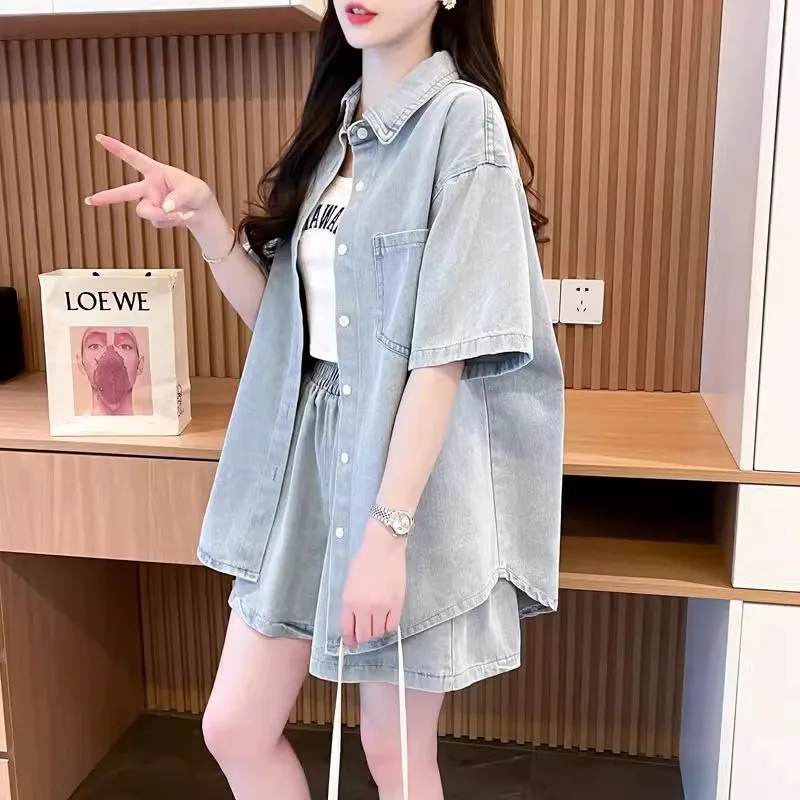 Casual Sportswear Set Women's Loose Denim irt orts Two-Piece Summer Korean Sle Polyester Cotton Blend
Casual Sportswear Set Women's Loose Denim irt orts Two-Piece Summer Korean Sle Polyester Cotton Blend
