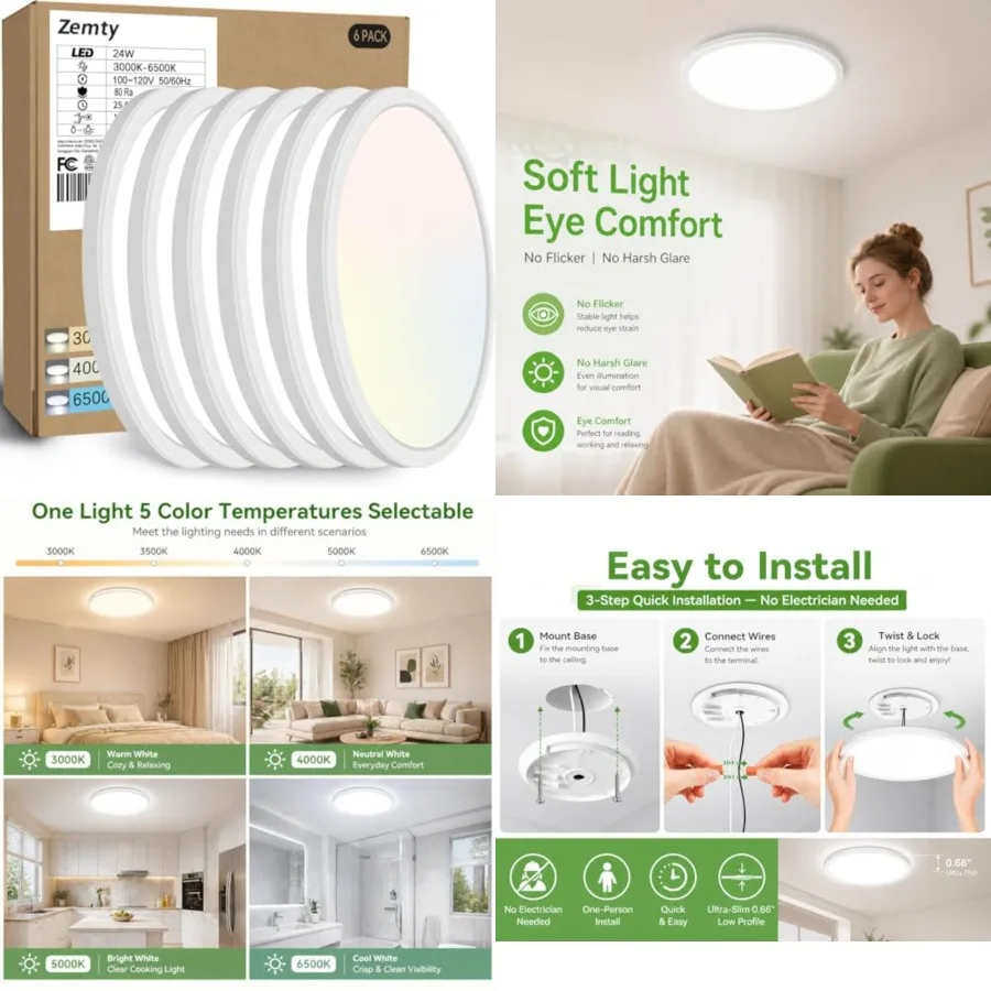 6Pack 12-Inch LED Flush Mount Ceiling Lights, 24W 3200Lumens 5 CCT Adjustable 3000K-6500K,Round Bright Light Fixture for Bedroo
6Pack 12-Inch LED Flush Mount Ceiling Lights, 24W 3200Lumens 5 CCT Adjustable 3000K-6500K,Round Bright Light Fixture for Bedroo