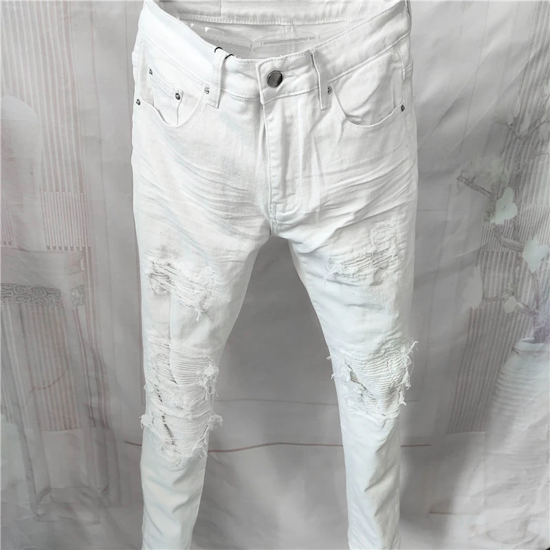 White Jeans Hole Patch Elastic Slim Fit Pleated Mens Jeans Skinny Solid High Quality High Street Fashion Brand Denim Trousers
White Jeans Hole Patch Elastic Slim Fit Pleated Mens Jeans Skinny Solid High Quality High Street Fashion Brand Denim Trousers