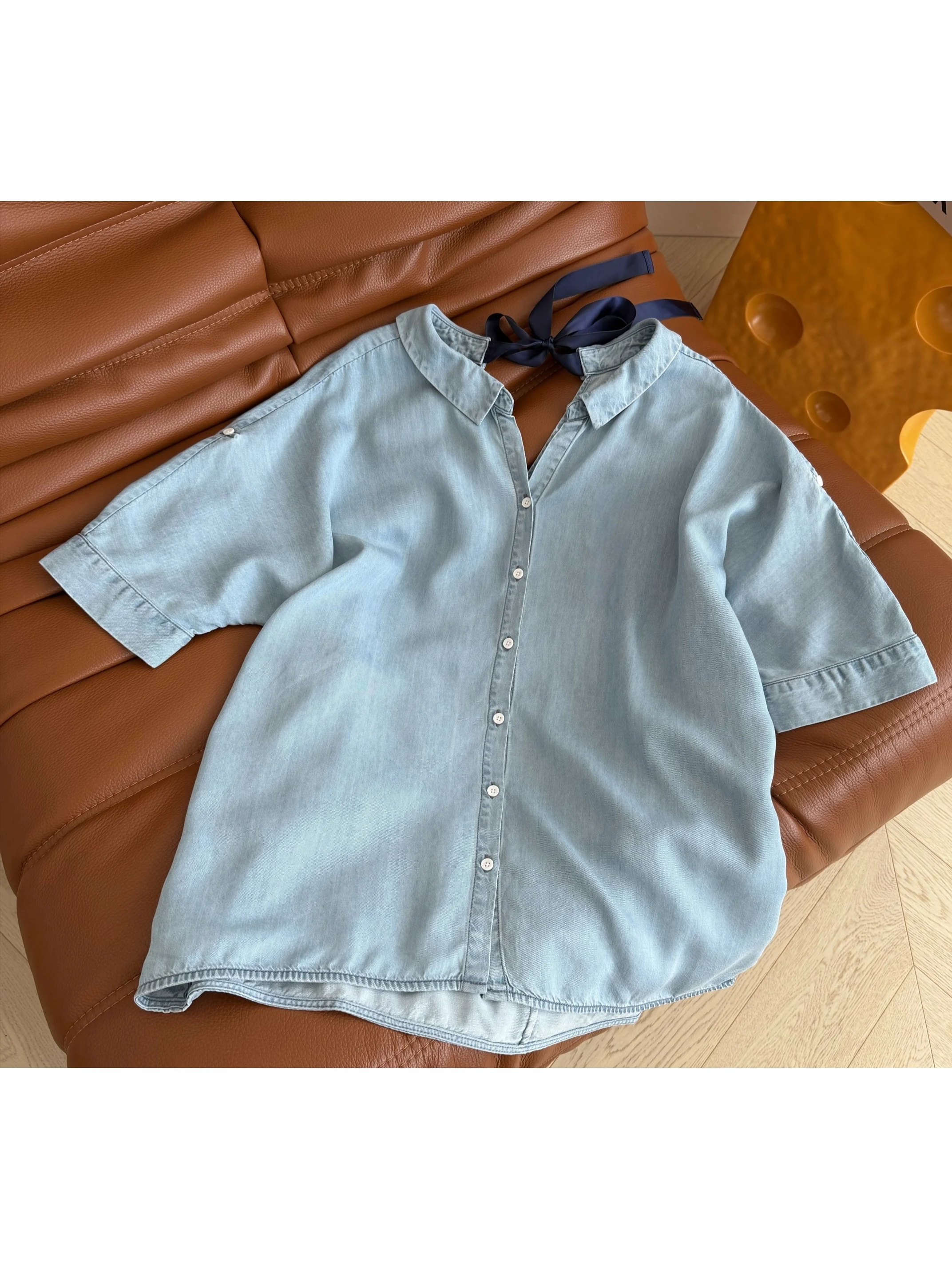 Blue Embroidered Letter Logo Denim Shirt Women's Back Bow Tie Five Sleeve Cotton Blend Slimming Commute Style Loose Fit
Blue Embroidered Letter Logo Denim Shirt Women's Back Bow Tie Five Sleeve Cotton Blend Slimming Commute Style Loose Fit