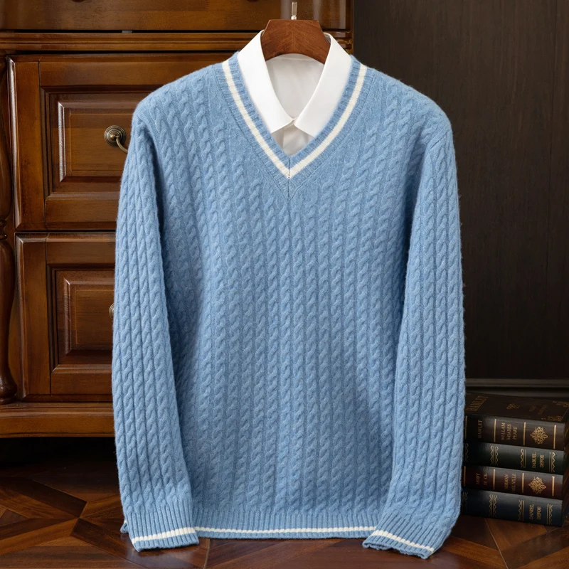 Autumn/Winter Men's New 100% Pure Wool Sweater V-Neck long sleeves Knit Pullover Twisted Flower Color Blocking Jumper Clothing
Autumn/Winter Men's New 100% Pure Wool Sweater V-Neck long sleeves Knit Pullover Twisted Flower Color Blocking Jumper Clothing