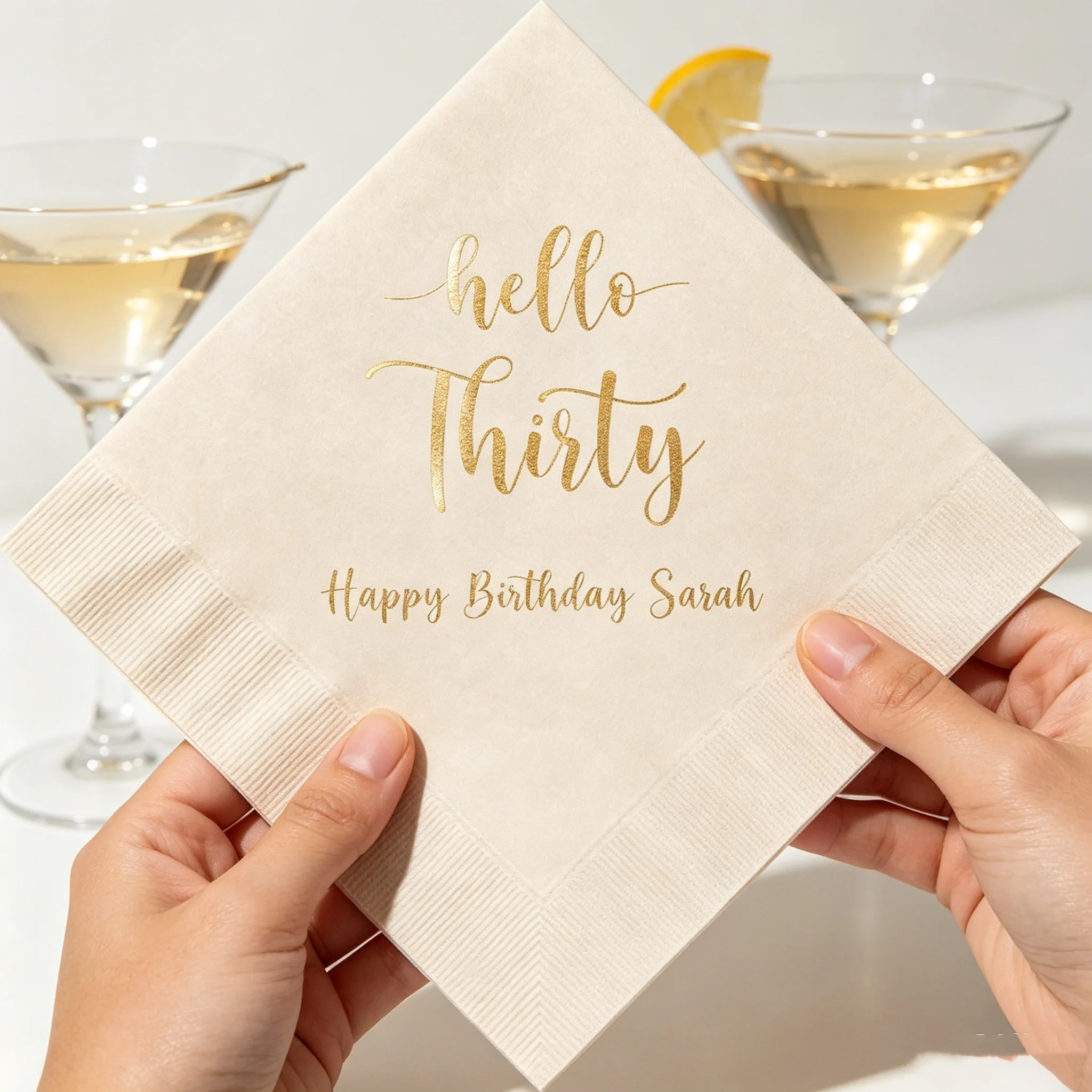50pcs Custom "Hello Thirty" 30th Birthday Cocktail Napkins, Personalized Name Gold Foil Beverage Napkins, Bulk Black Disposable
50pcs Custom "Hello Thirty" 30th Birthday Cocktail Napkins, Personalized Name Gold Foil Beverage Napkins, Bulk Black Disposable