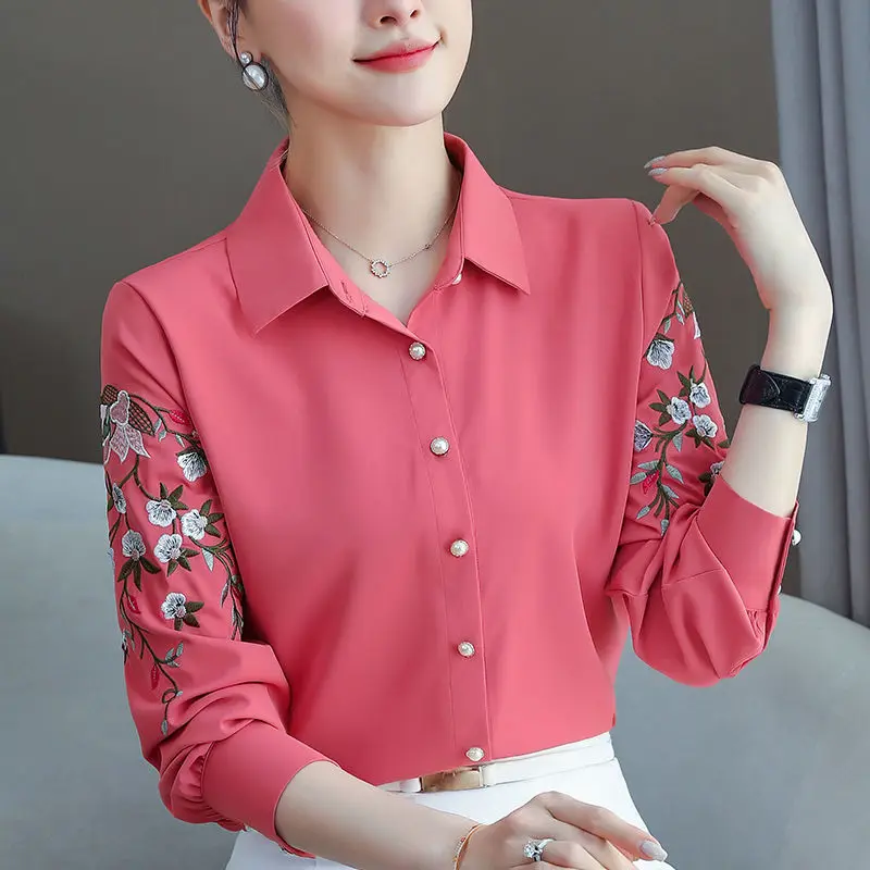Buttons Embroidered Blouses Floral Solid Color Elegant Fashion Loose Office Lady Turn-down Collar Temperament Women Clothing
Buttons Embroidered Blouses Floral Solid Color Elegant Fashion Loose Office Lady Turn-down Collar Temperament Women Clothing