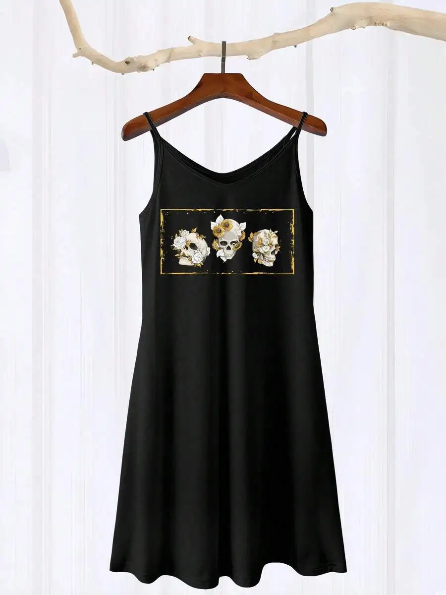 Black Spaghetti Strap Skull Print Dress For Women, Casual A-Line Mini Dress
Black Spaghetti Strap Skull Print Dress For Women, Casual A-Line Mini Dress