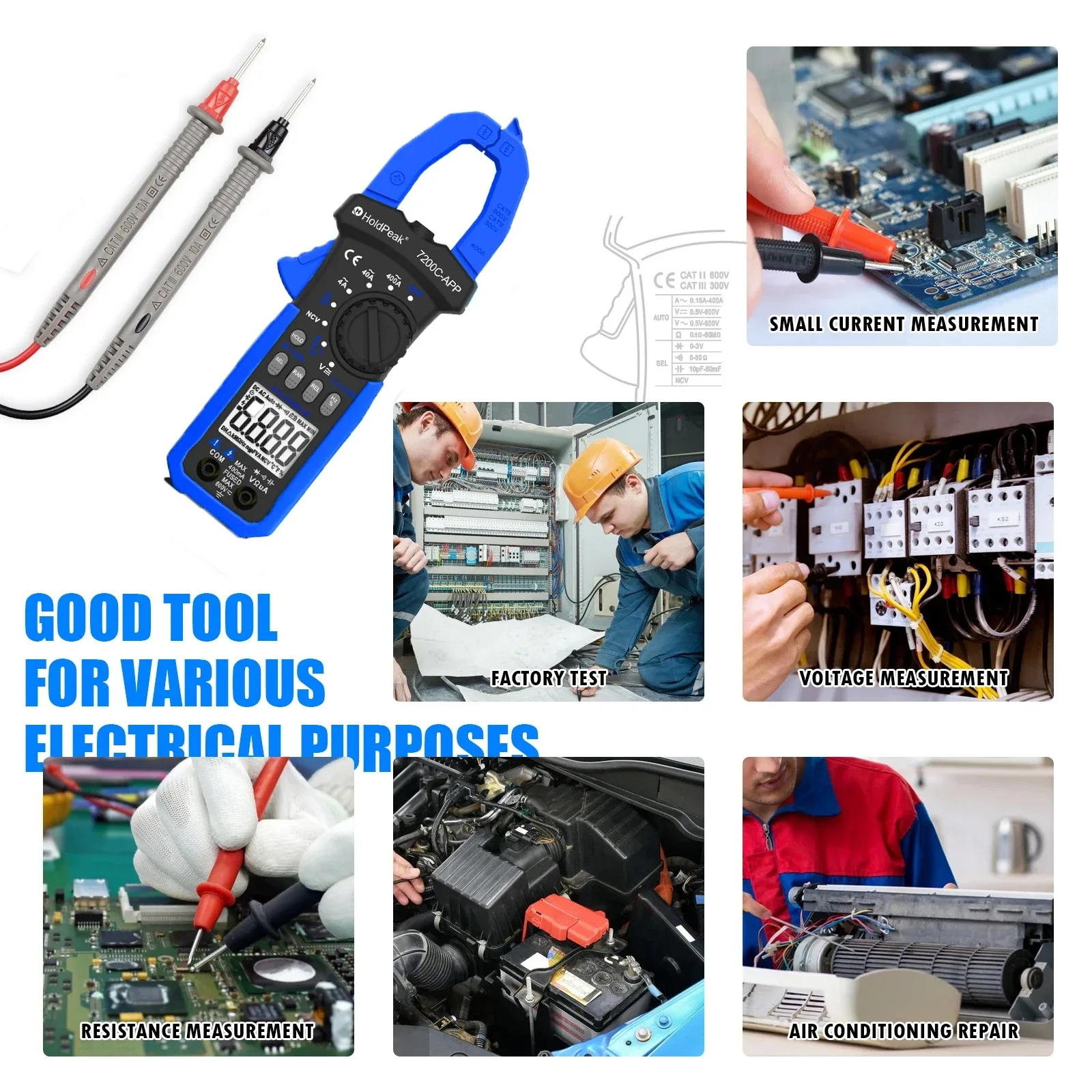 Цифровой мультиметр HP-7200C-APP для измерения переменного и постоянного тока и напряжения с цифровым дисплеем, передачей данных по Bluetooth и зажимами
Цифровой мультиметр HP-7200C-APP для измерения переменного и постоянного тока и напряжения с цифровым дисплеем, передачей данных по Bluetooth и зажимами