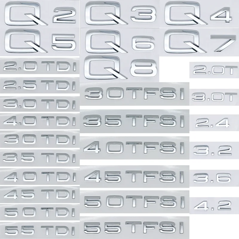 Chrome Silver ABS Numbers Letters Q2 Q3 Q4 Q5 Q6 Q7 Q8 TDI TFSI 2.0T Emblem For Audi Q Series Car Fender Trunk Rear Logo Sticker
Chrome Silver ABS Numbers Letters Q2 Q3 Q4 Q5 Q6 Q7 Q8 TDI TFSI 2.0T Emblem For Audi Q Series Car Fender Trunk Rear Logo Sticker