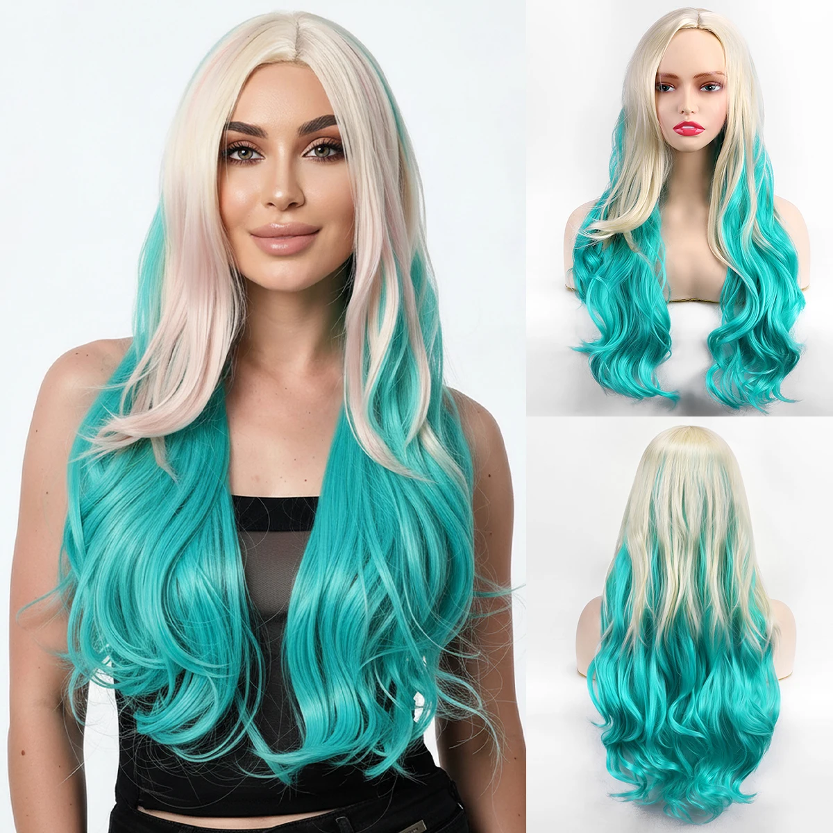 Long curly hair Halloween mixed color white, blue-green gradient cosplay wig-Synthetic fiber wig
Long curly hair Halloween mixed color white, blue-green gradient cosplay wig-Synthetic fiber wig