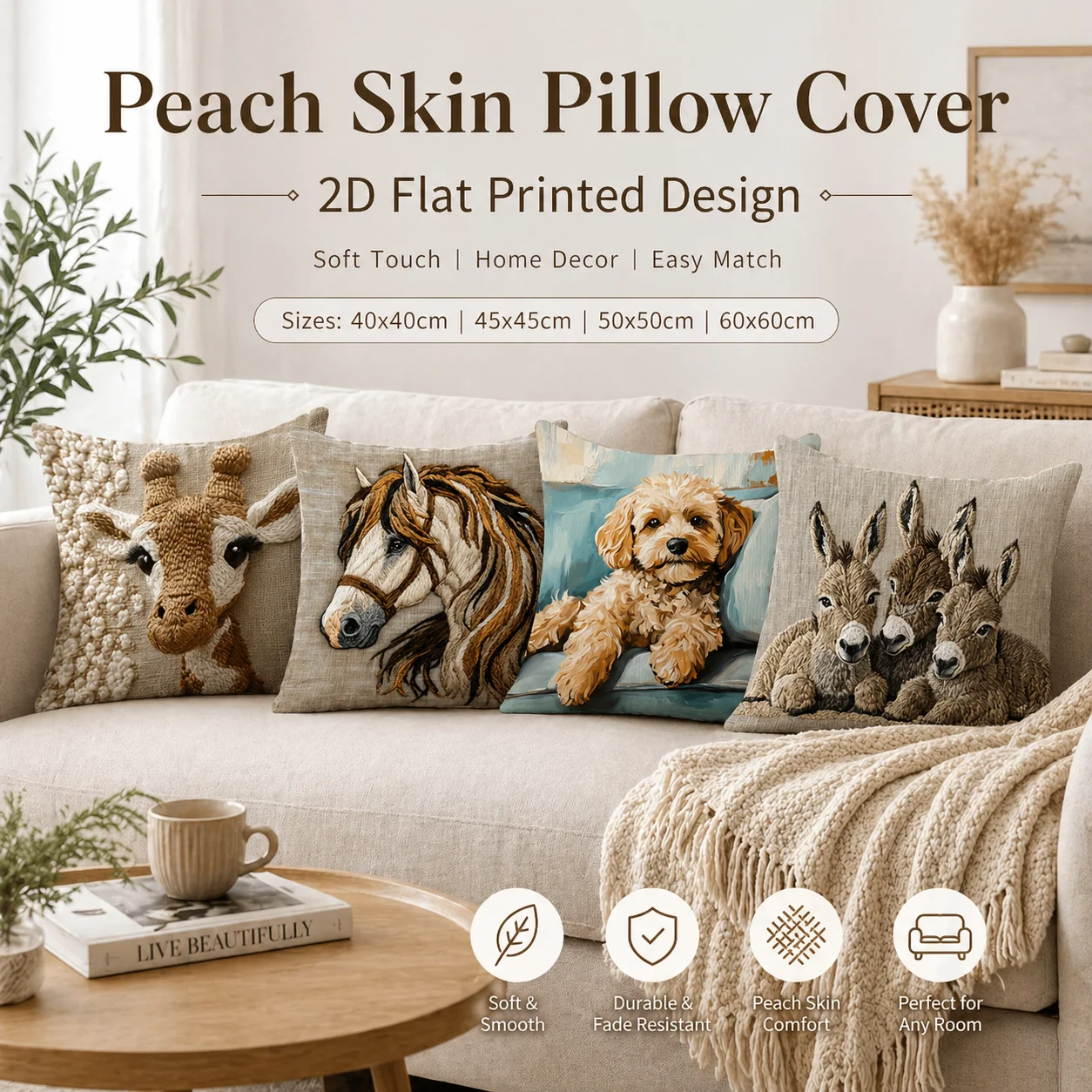 2D Flat Printed Horse Giraffe Donkey Pillowcase Farmhouse Animal Peach Skin Cushion Cover for Living Room Sofa Couch Decor
2D Flat Printed Horse Giraffe Donkey Pillowcase Farmhouse Animal Peach Skin Cushion Cover for Living Room Sofa Couch Decor