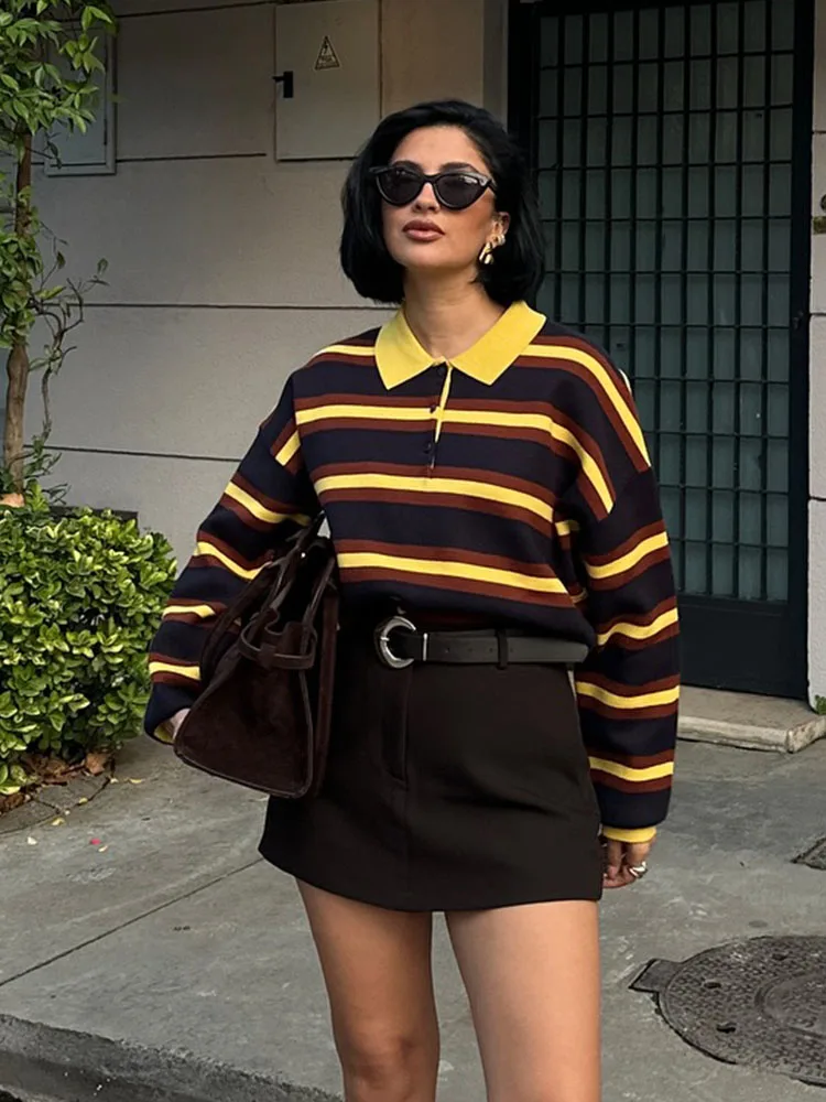 Yellow Trim Color Block Striped Polo Knit Sweater Lapel Collar Drop Shoulder Loose Vintage Long Sleeve Casual Pullover Top 2026
Yellow Trim Color Block Striped Polo Knit Sweater Lapel Collar Drop Shoulder Loose Vintage Long Sleeve Casual Pullover Top 2026