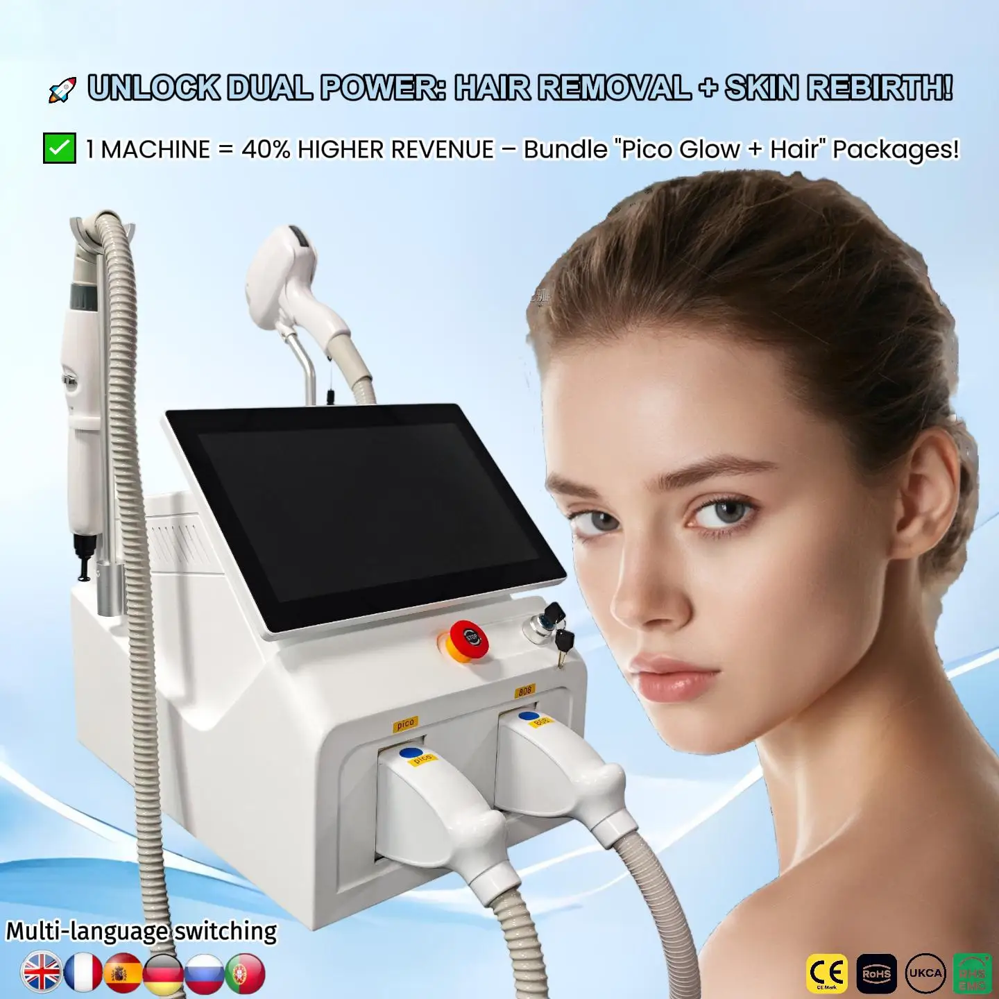 2-in-1DUAL POWER Pico Laser & Hair Removal Machine 4 Diode Wavelengths 600W-1600W 60M Shots 15.6" HD Touch Screen Permanent Hai
2-in-1DUAL POWER Pico Laser & Hair Removal Machine 4 Diode Wavelengths 600W-1600W 60M Shots 15.6" HD Touch Screen Permanent Hai