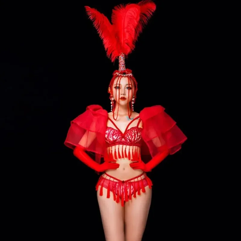 Sexy Nightclub Bar Red Tassel Bikini Beading Feather Headdress Dance Outfit DJ Women Singer Dancer Stage Performance Costume
Sexy Nightclub Bar Red Tassel Bikini Beading Feather Headdress Dance Outfit DJ Women Singer Dancer Stage Performance Costume
