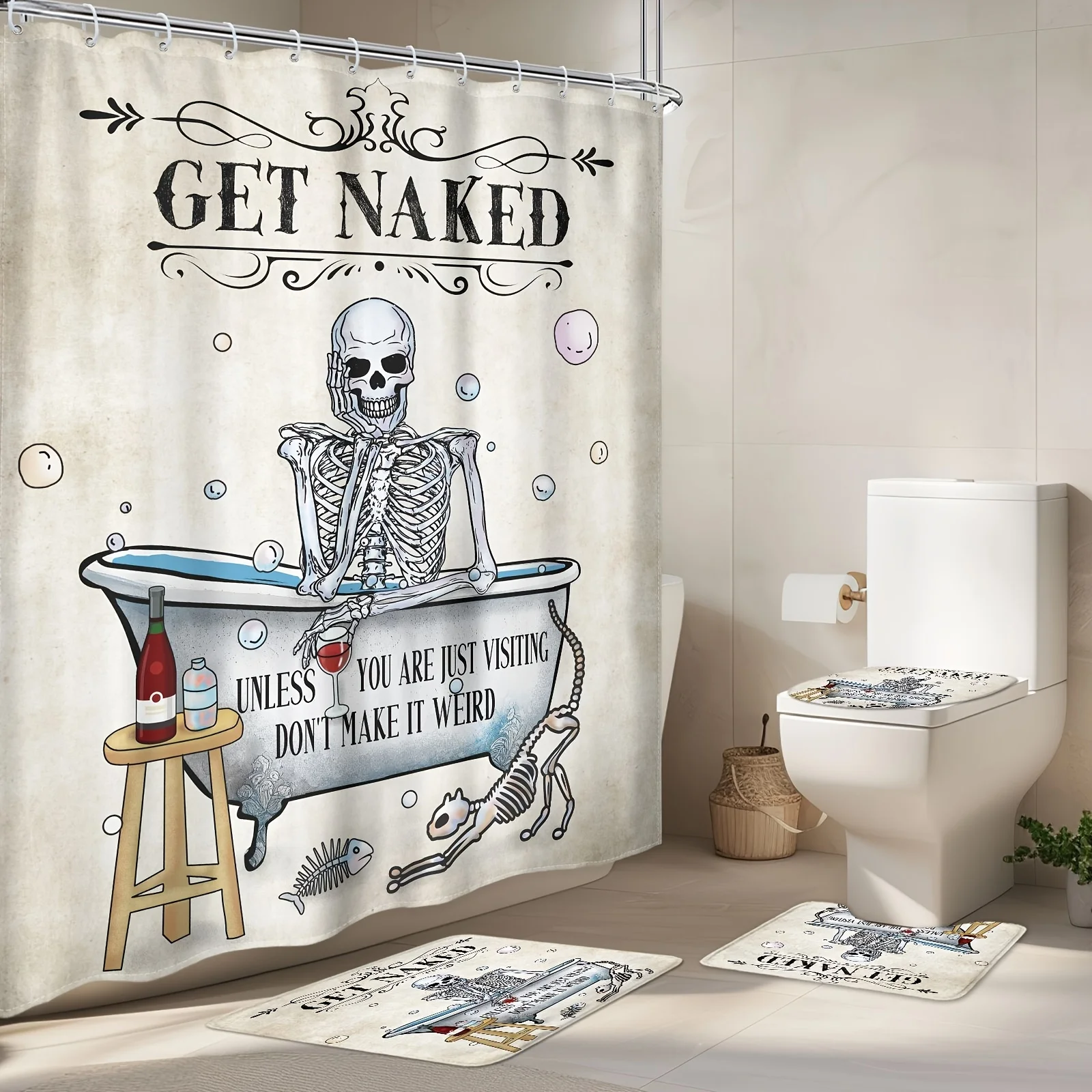 Набор из четырех предметов для ванной комнаты Quirky Skeleton — забавная водонепроницаемая занавеска для душа для полного набора для ванной комнаты
Набор из четырех предметов для ванной комнаты Quirky Skeleton — забавная водонепроницаемая занавеска для душа для полного набора для ванной комнаты