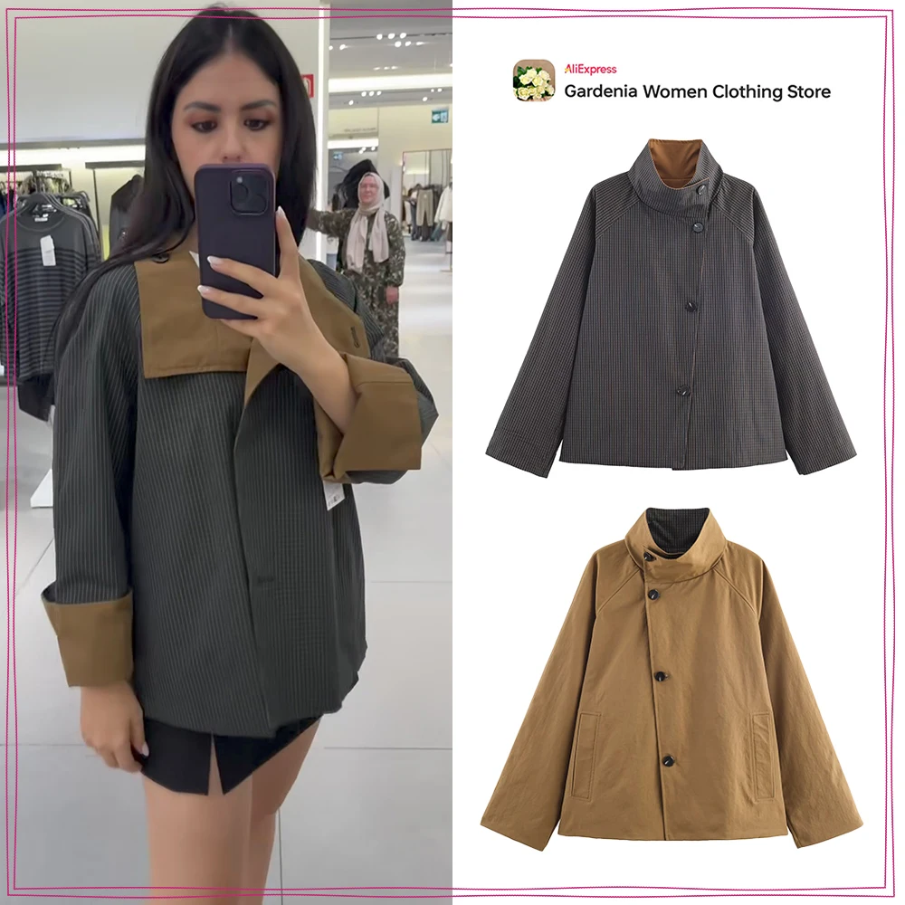 Women's Stylish Reversible Short Trench Coat with Pockets Elegant Chic High Neck and Long Sleeves Double Side Outwear for Autumn
Women's Stylish Reversible Short Trench Coat with Pockets Elegant Chic High Neck and Long Sleeves Double Side Outwear for Autumn